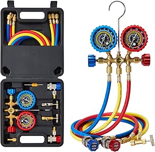 AC Gauges HVAC Manifold Gauge Set for R134 R22 R12 R502, with 5ft Hoses Couplers Adapters Puncturing Can Tap Tools for R134a Refrigerants Charging and Evacuation