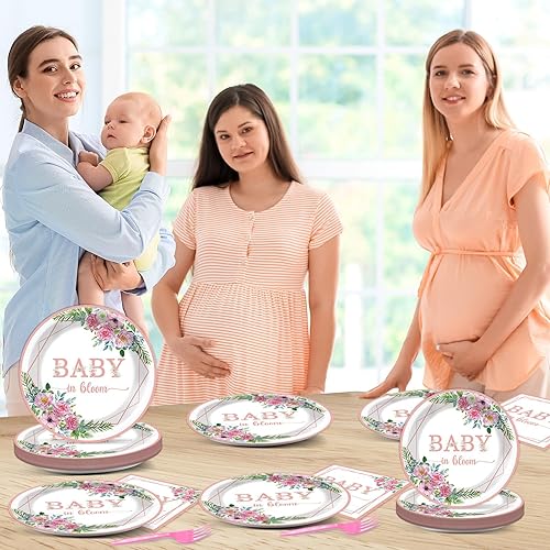 Miniatura 117 de 96 piezas de suministros de fiesta de cumpleaños florales de cumpleaños, platos de papel, servilletas, flores de oro rosa, decoraciones de fiesta