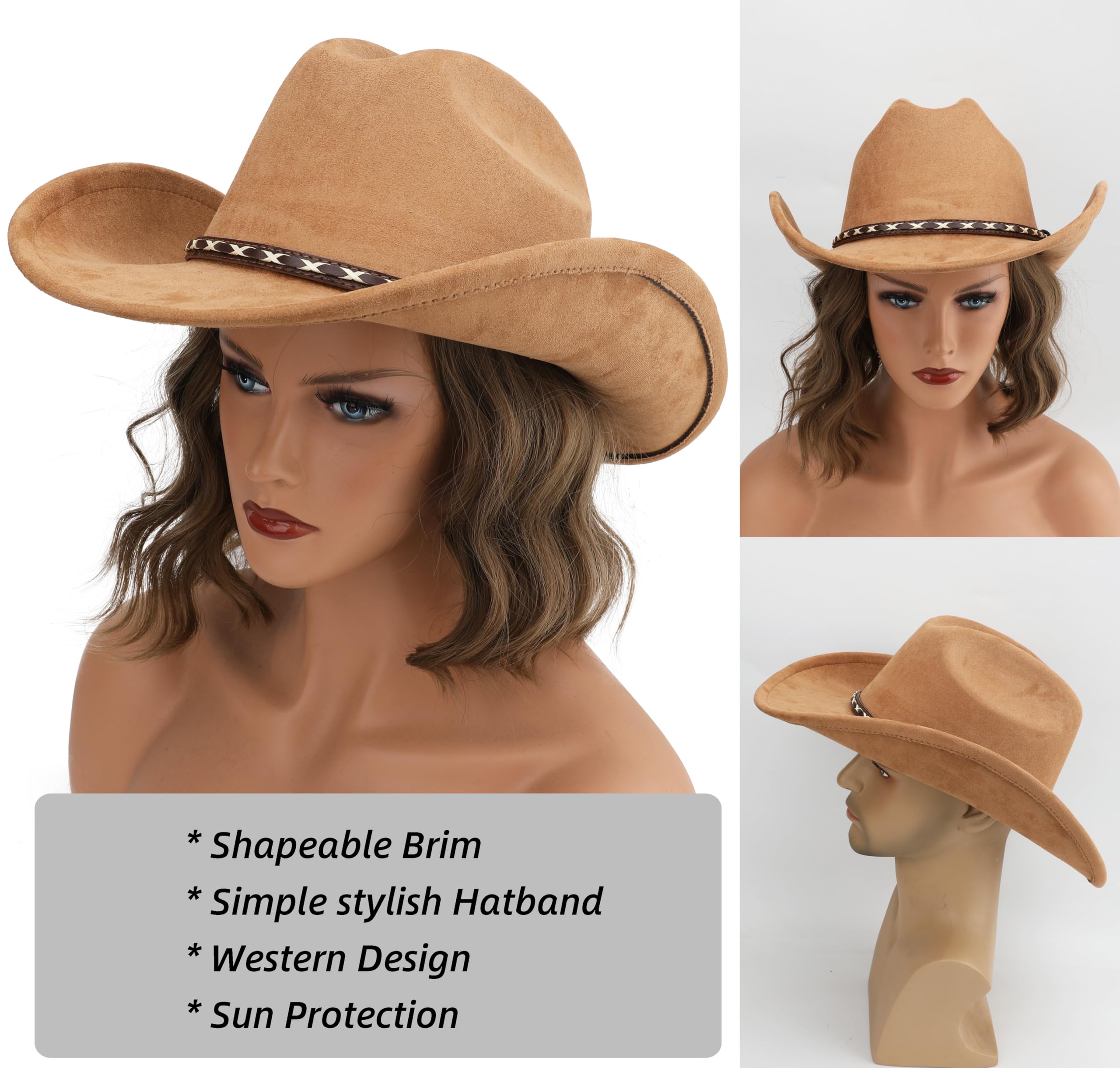 BESOOGII Sombrero de vaquero occidental para mujeres y hombres, unisex, de ala ancha, de fieltro para vaqueros y vaqueras