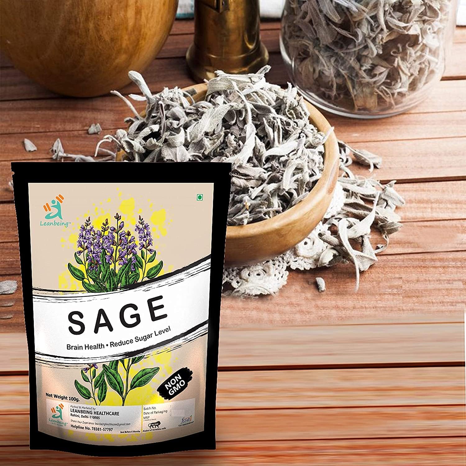 Astha Leanbeing 100Gms Dried Sage Leaves for Tea (Whole) | Smudge Smudging | Energy Reiki | Removes Energy Blocks.