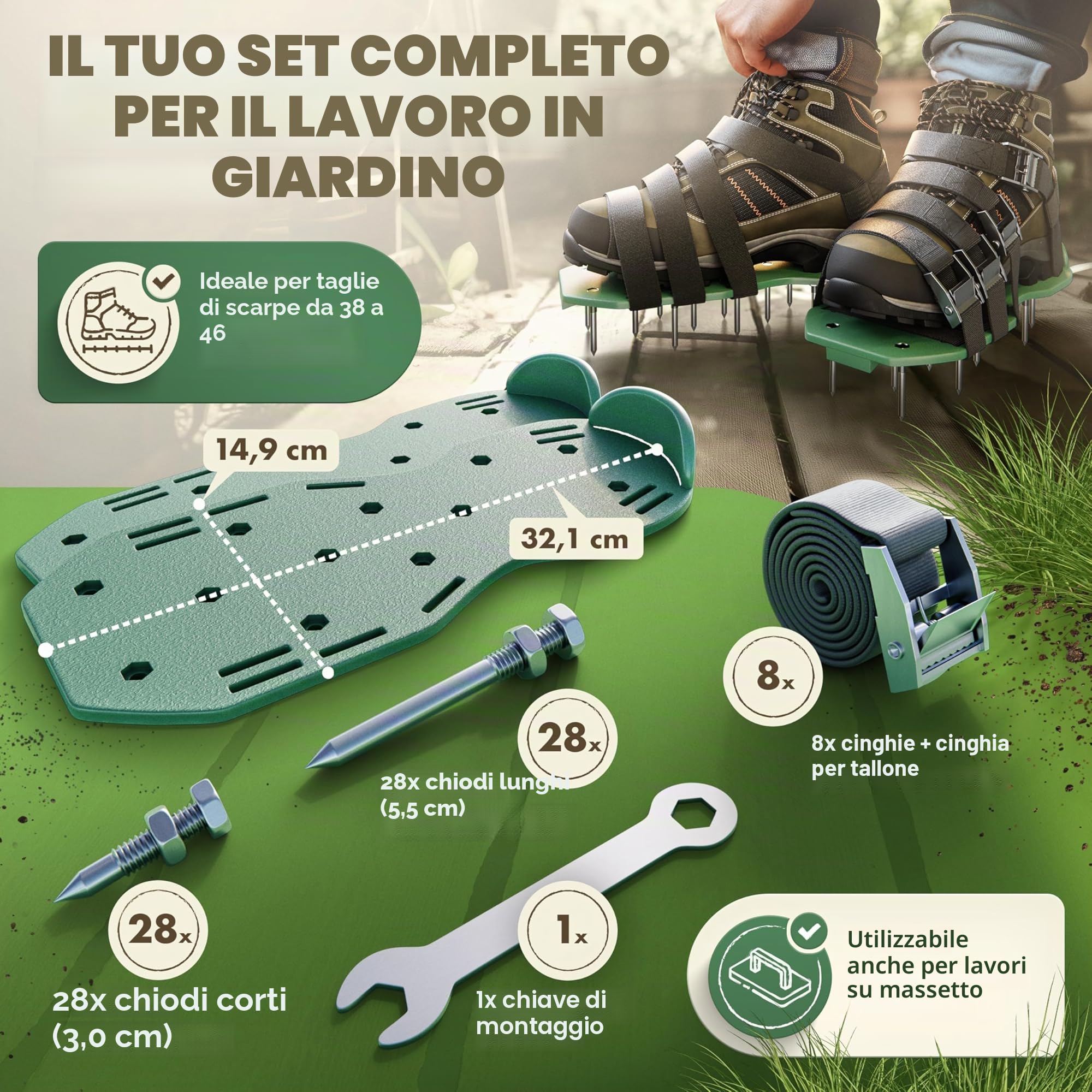 LAINFELD Aeratore per prato | Scarpe per unghie con chiodi corti e lunghi | Aeratore per prato con 4 cinghie | scarificatore per prati | Aerifizzatori scarpe da giardino