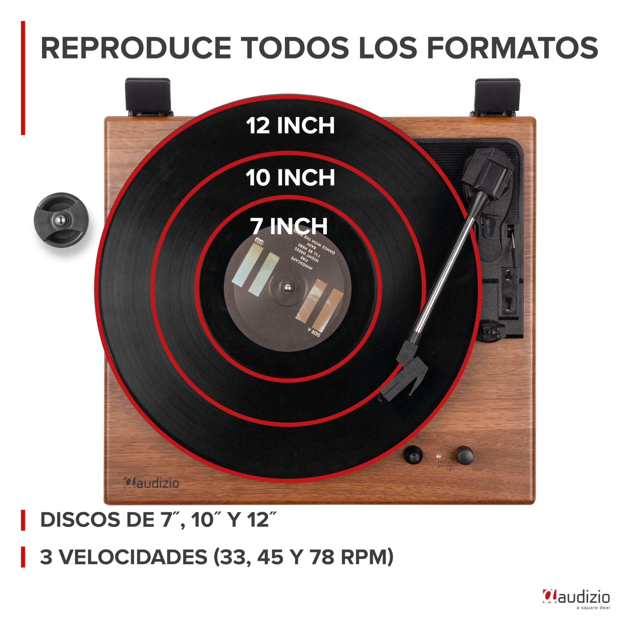 Audizio RP112L Tocadiscos de Vinilo Retro de Madera con Bluetooth, giradiscos de 3 velocidades, Apto para Todos los tamaños de Vinilo, se Conecta a un Altavoz Incorporado con Bluetooth, Salida RCA