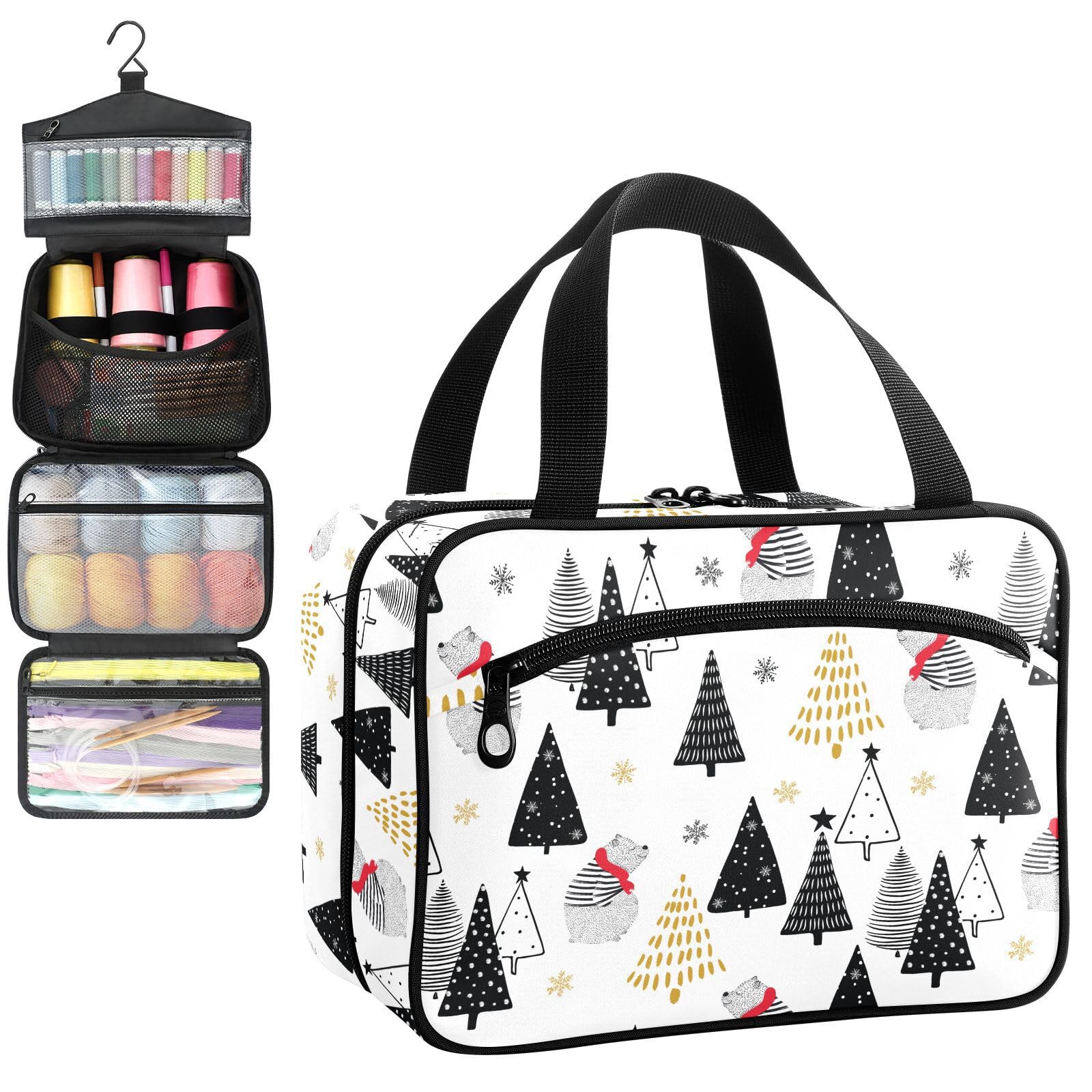YNNALE Sewing Supply Organizer Bag, Winter Bear with Christmas Tree Portable Sewing Bags with Pockets&Hanger, Sewing Storage Box Case for Sew Supplies/Kit/Tools/Accessories (BAG ONLY)