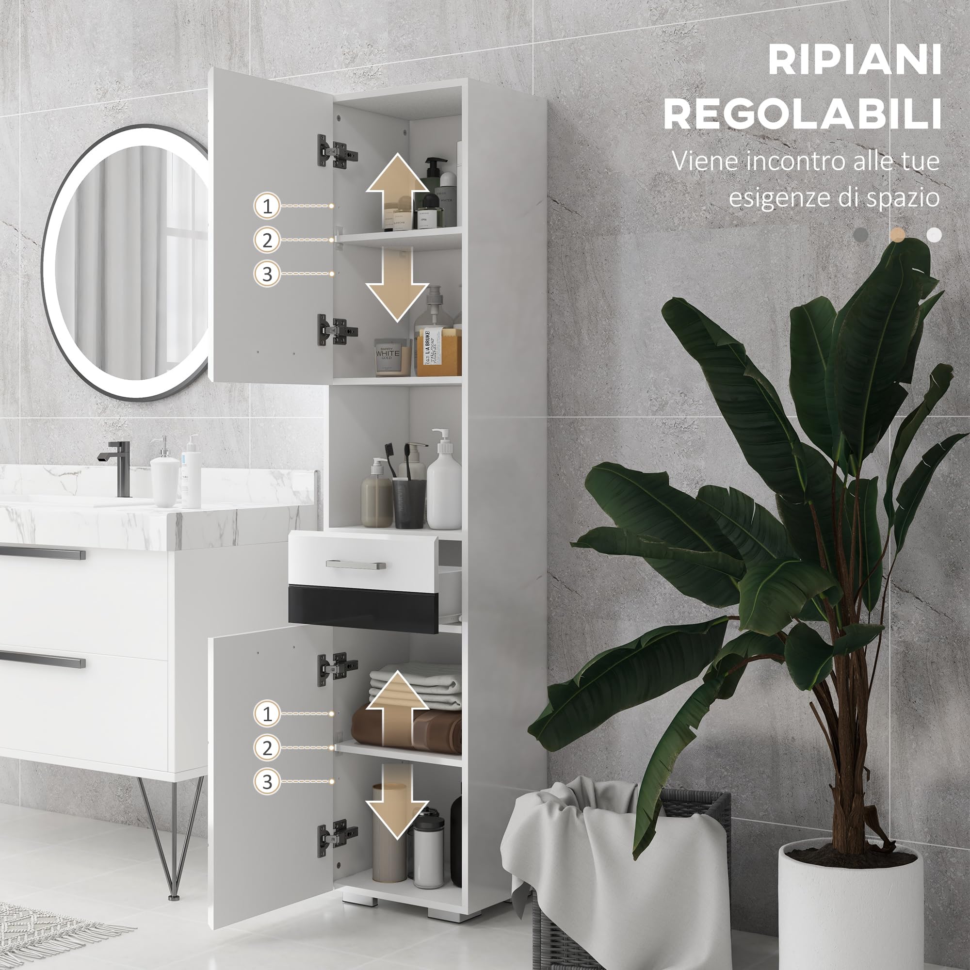 kleankin Colonna Bagno Salvaspzio in MDF, 37x32.5x170 cm Bianco Lucido | Mobile da Bagno, Ripiano Aperto, Cassetto, Armadietto Chiuso