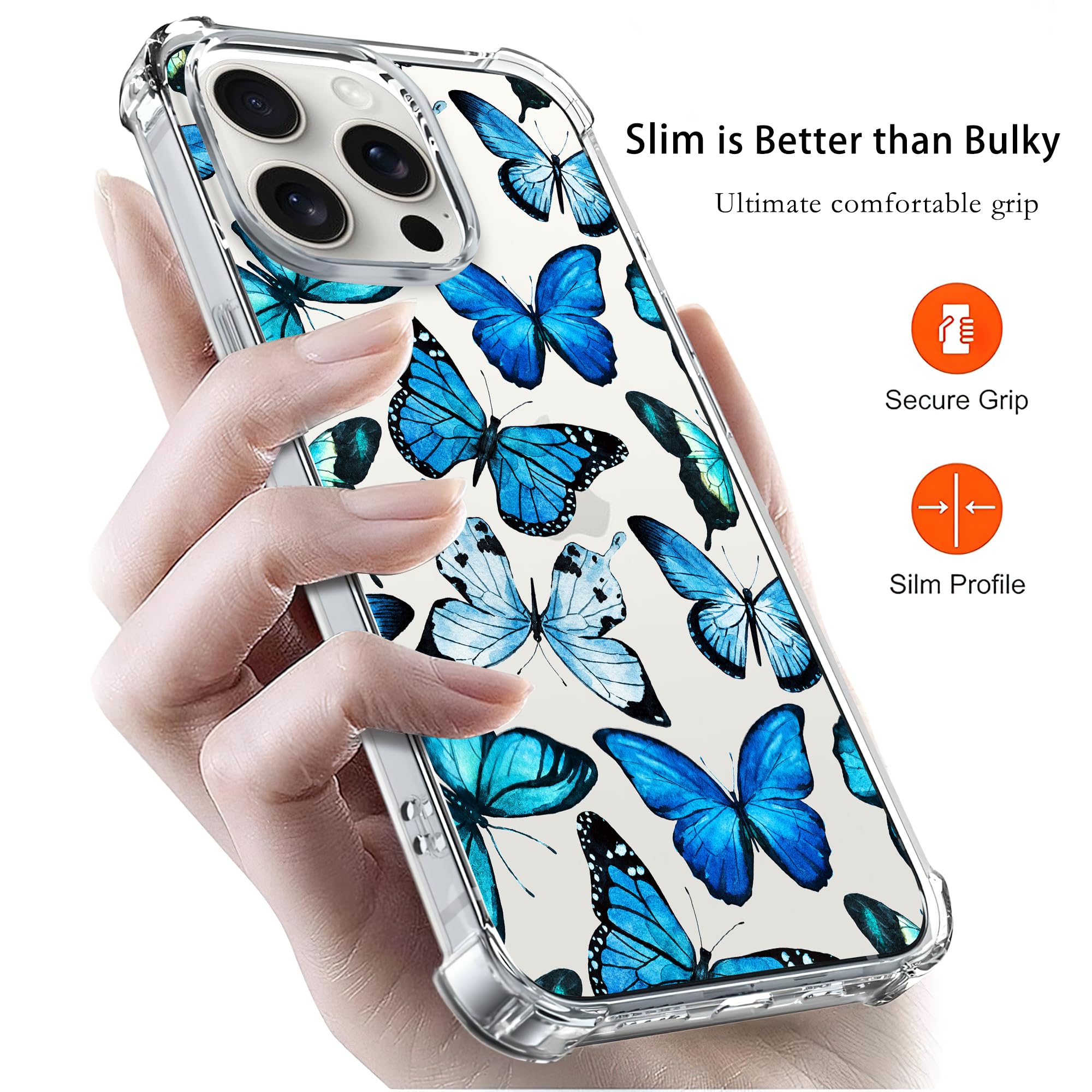 Transparente IPhone 15 Pro Hülle Mit Blauen Schmetterlingen – Stoßfest, TPU, Für Frauen & Mädchen