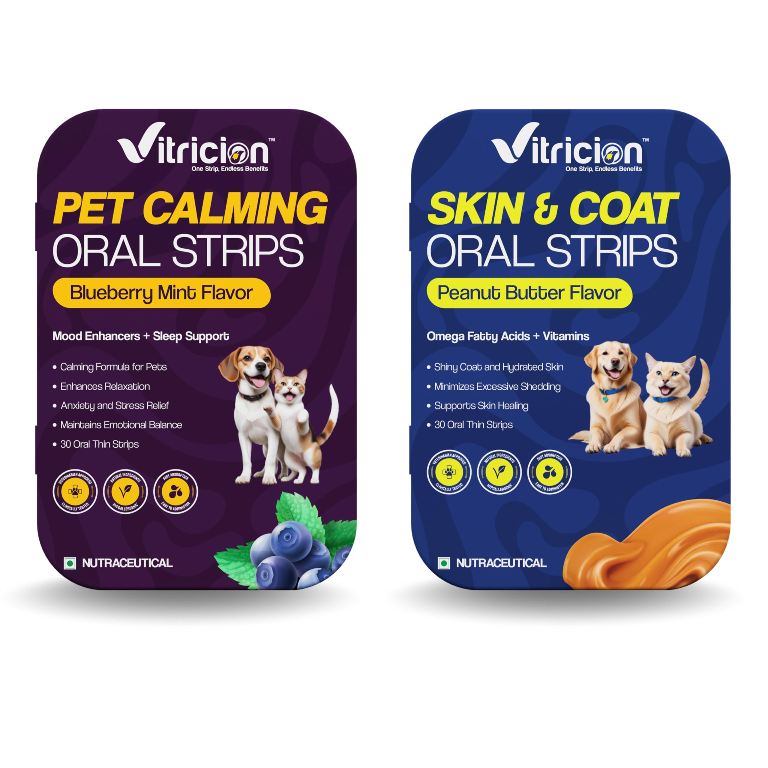 Vitricion Pet Oral Strips Combo 60 Strips – Calming & Skin Coat Care for Dogs & Cats | L-Theanine, Chamomile, Omega Fatty Acids, Biotin & Vitamin E | Easy-to-Use & Vet Safe