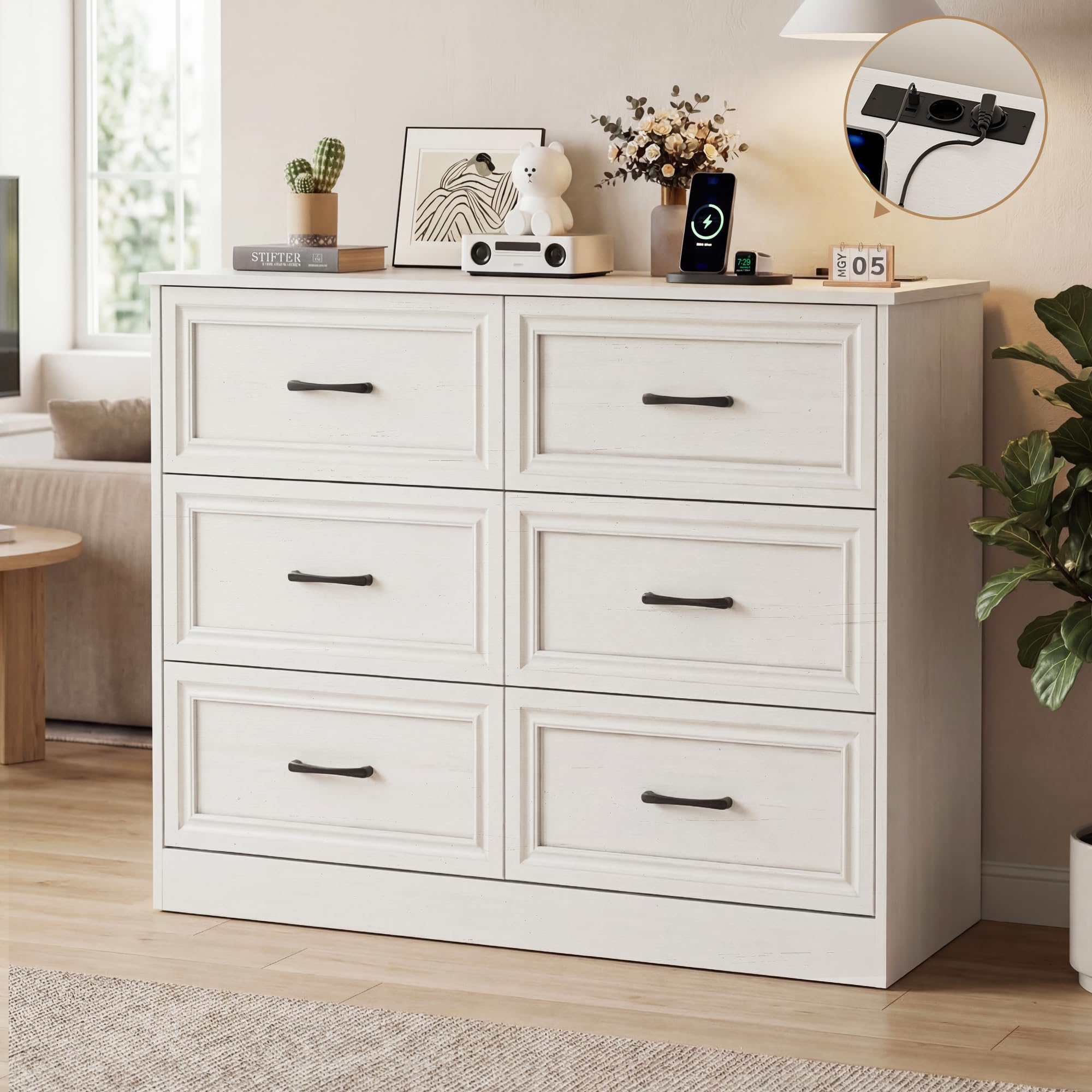 BonVache Kommode mit Steckdosen, Komode mit 6 schubladen, 2 USB & 2 AC-Anschlüssen, Komodenschrank Holz, für Schlafzimmer, Wohnzimmer, Flur, 106 x 81.5 x 39 cm
