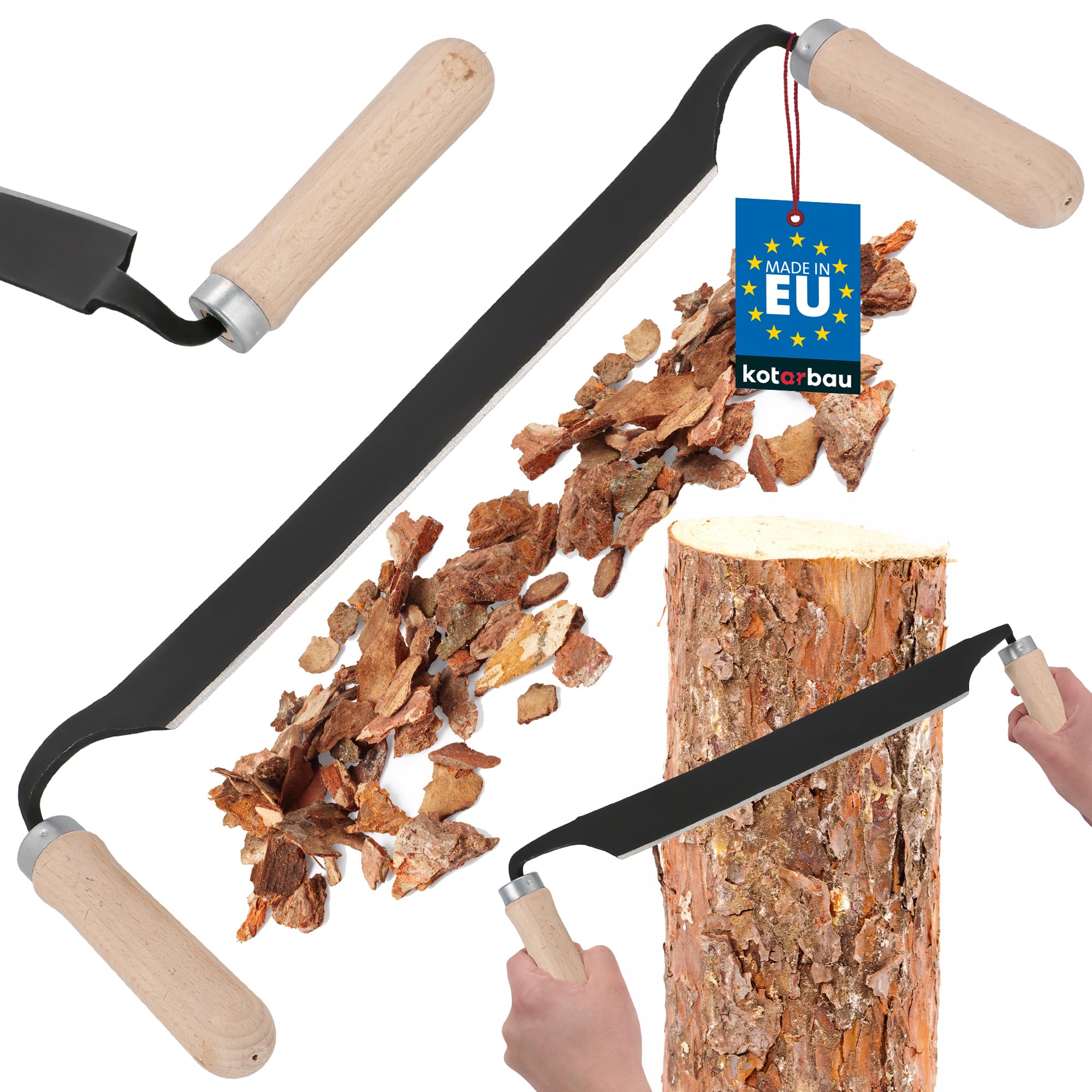 KOTARBAU® Coltello da Trafila - Coltello da Traino - Acciaio al Carbonio - 280 mm - Scortecciatrice per Lavorazione del Legno - Nero - Utensile Manuale per Scortecciare - Manici Ergonomici in Legno