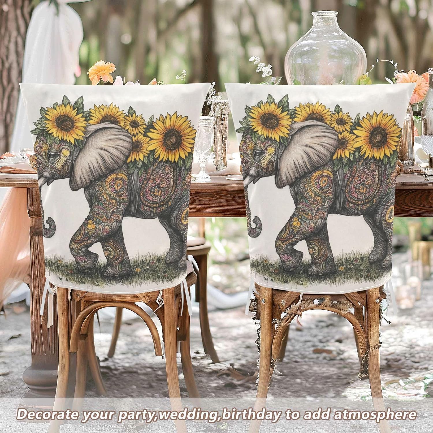 ALAZA Boho Elephant Sunflowers Chair Back Cover Set of 6, Washable Reusable Removable Chair Slipcovers Decorative Chair Cover for Home Kitchen Wedding Party