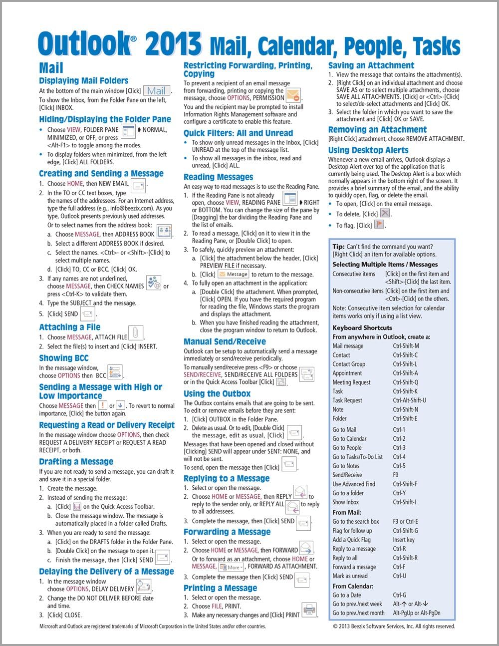 Microsoft Outlook 2013 Mail, Calendar, People, Tasks Quick Reference (Cheat Sheet of Instructions, Tips & Shortcuts - Laminated Guide)