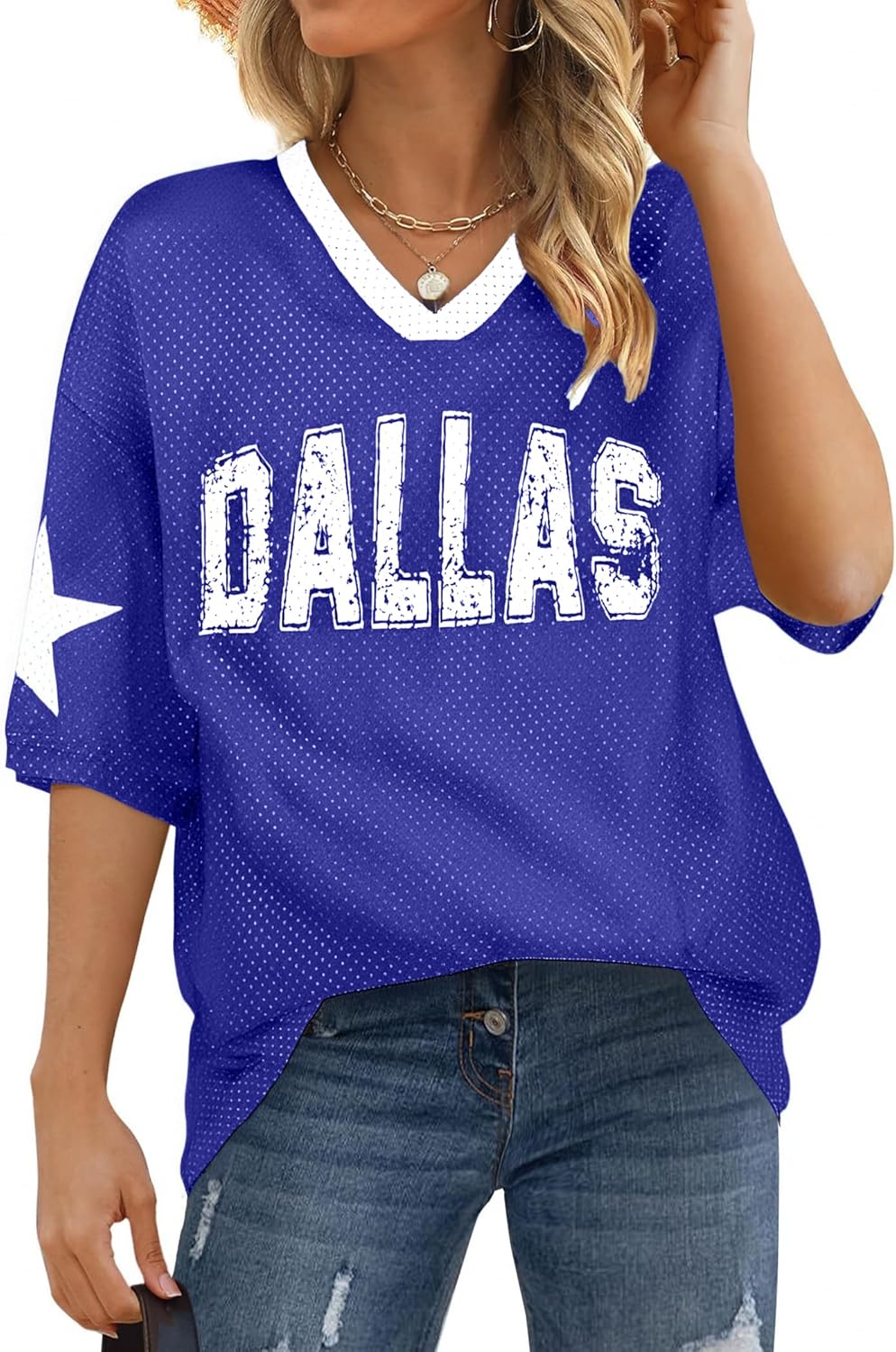 Women Jersey Shirts Football V Neck Shirt Game Day Season Tops Short Sleeve Tee - Image 4