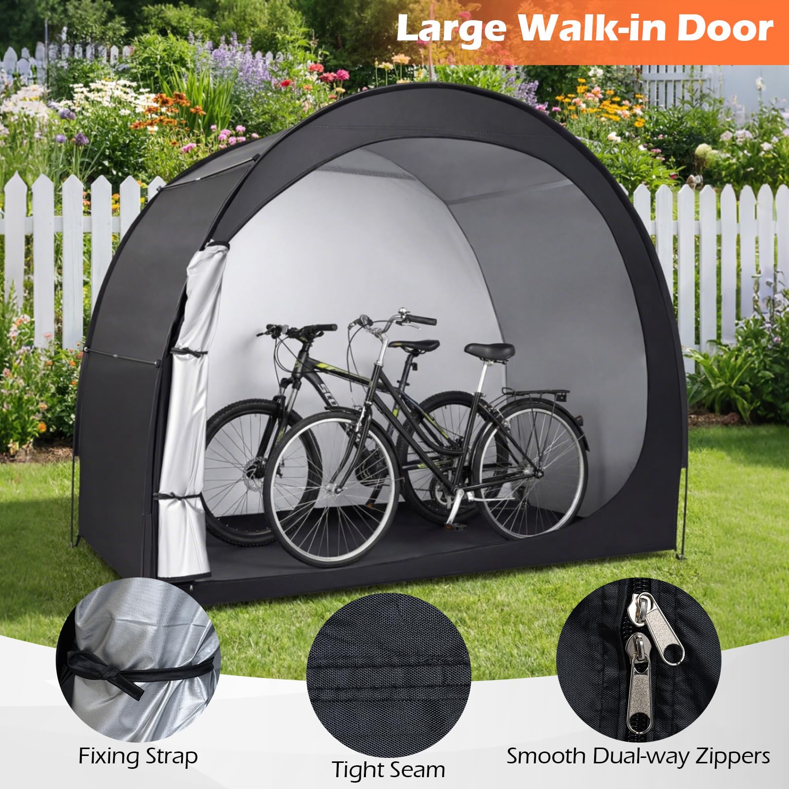 Goplus Bike Storage Shelter, Portable Bicycle Shed w/Waterproof PU Coated Oxford Fabric, Floor Mat, Zippered Door, Bicycle Protection Cover Shelter for Motorcycles, Garden Tools, Lawn Mowers — view 7