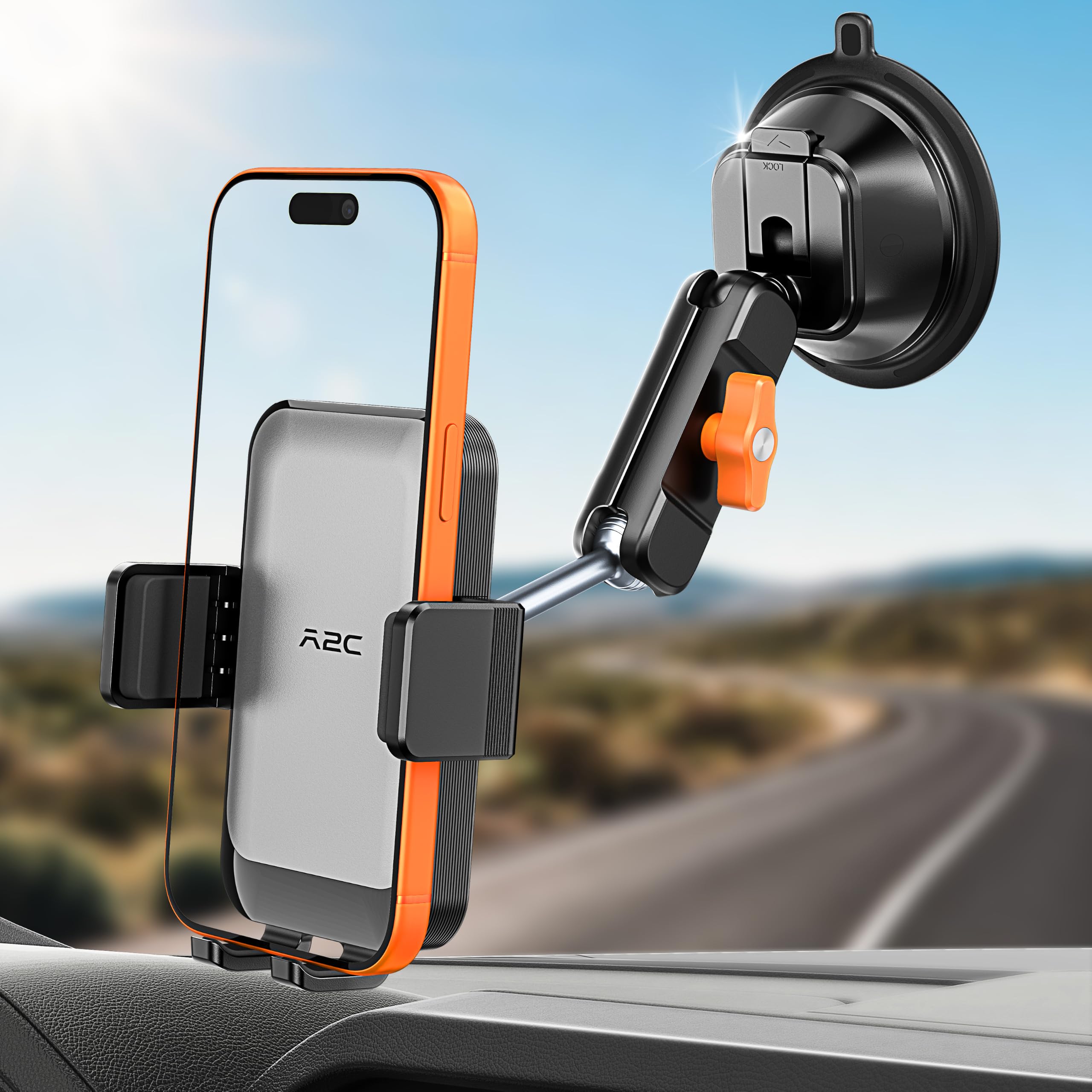 A2C Soporte de coche con doble ventosa de vacío resistente, soporte de teléfono para parabrisas con brazo de metal antivibración con liberación con una sola mano y rotación de 360° para iPhone y la