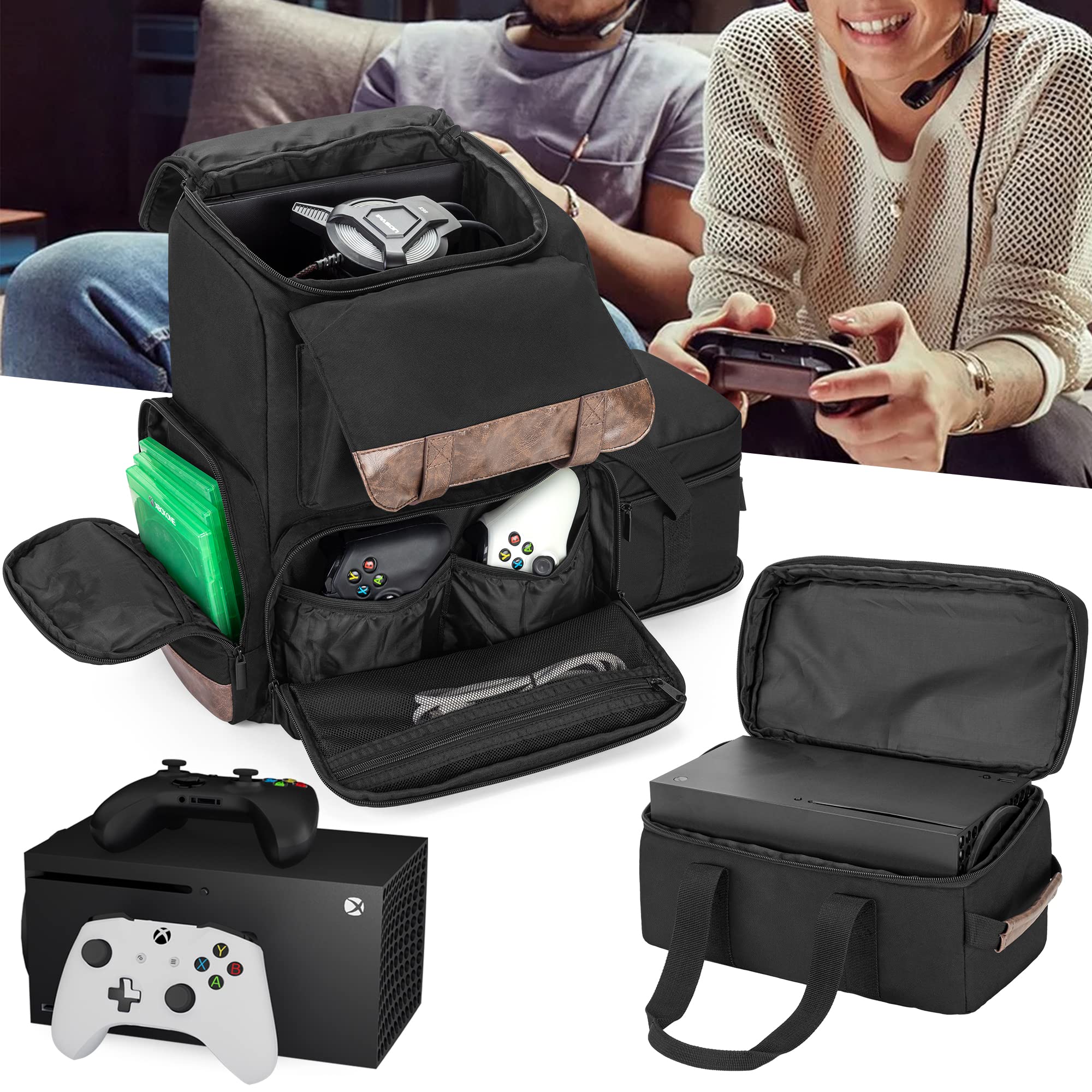 LoDrid Mochila compatible con Xbox Series X con bolsa para consola, bolsa para juegos con varios bolsillos y divisor y para laptop de 15,6" y accesorios para juegos