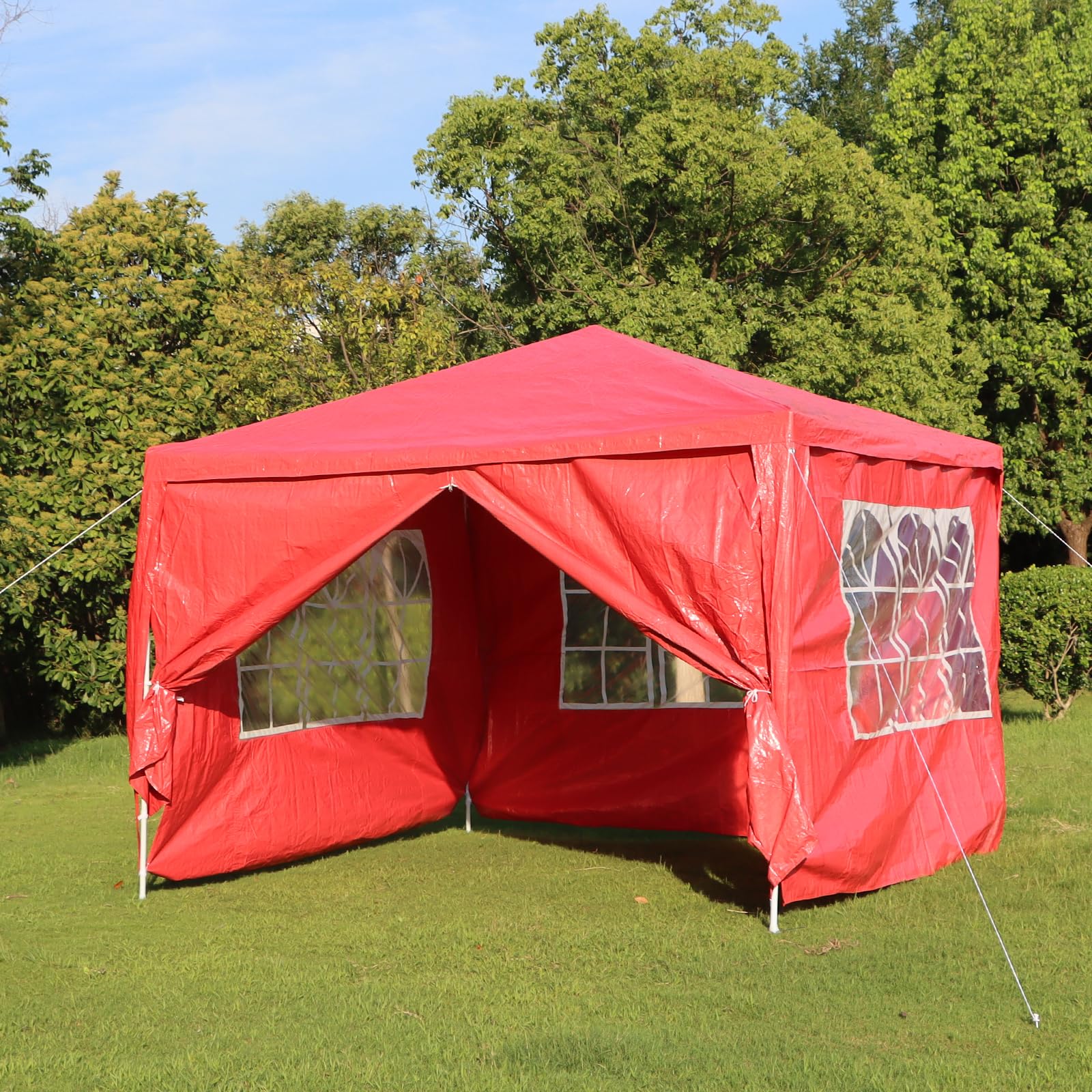 Outdoor Event Gazebo Tent, 3x3M Waterproof Party Marquee with 4 Side Panels,Which Have 3 Clear Windows panels And One Zip Panel (Red)