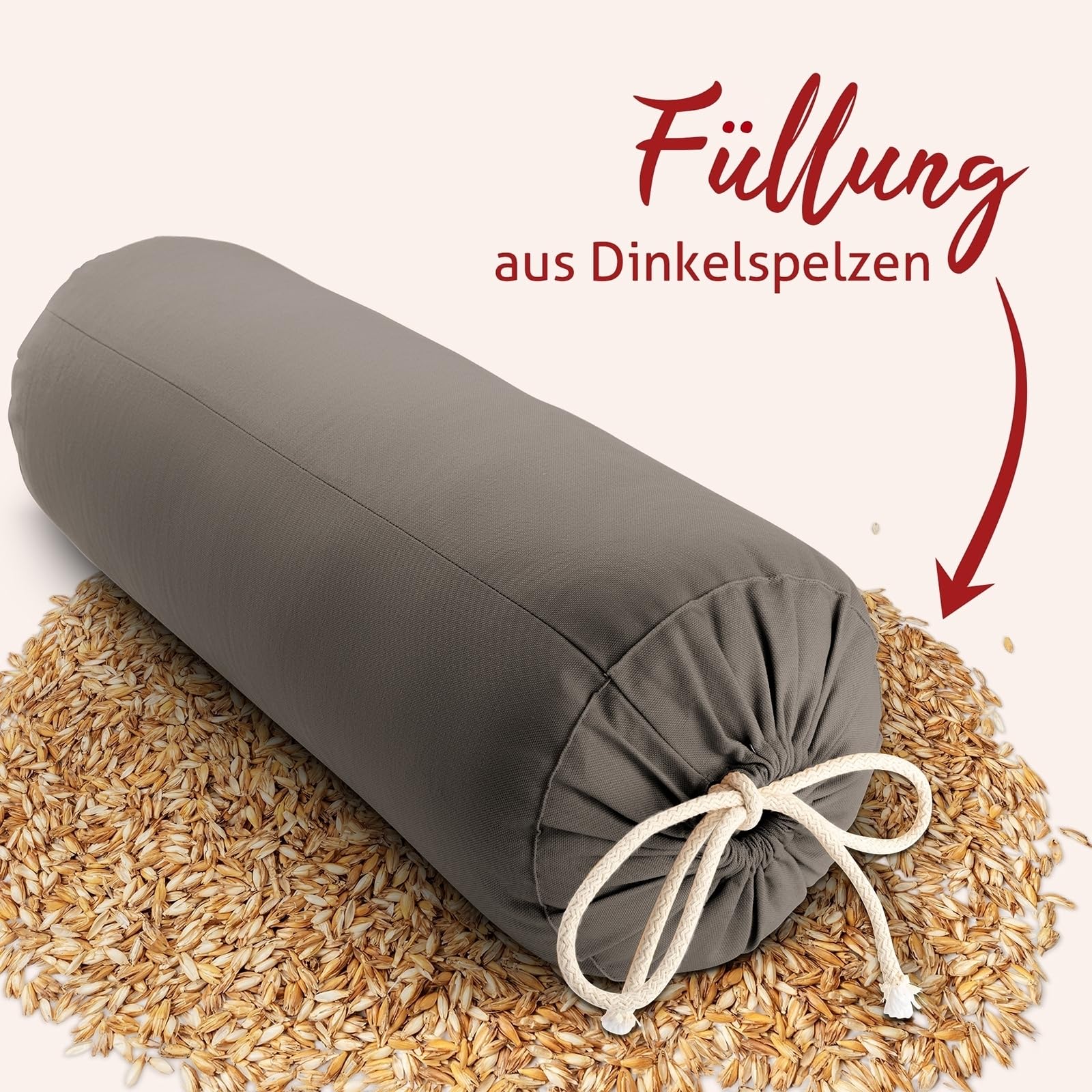 Yoga Bolster – Handmade in Germany, 24cm x 64cm | Yoga Rolle mit praktischem Tragegriff, 100% Dinkelspelz Füllung, Waschbarer Bezug 100% Baumwolle