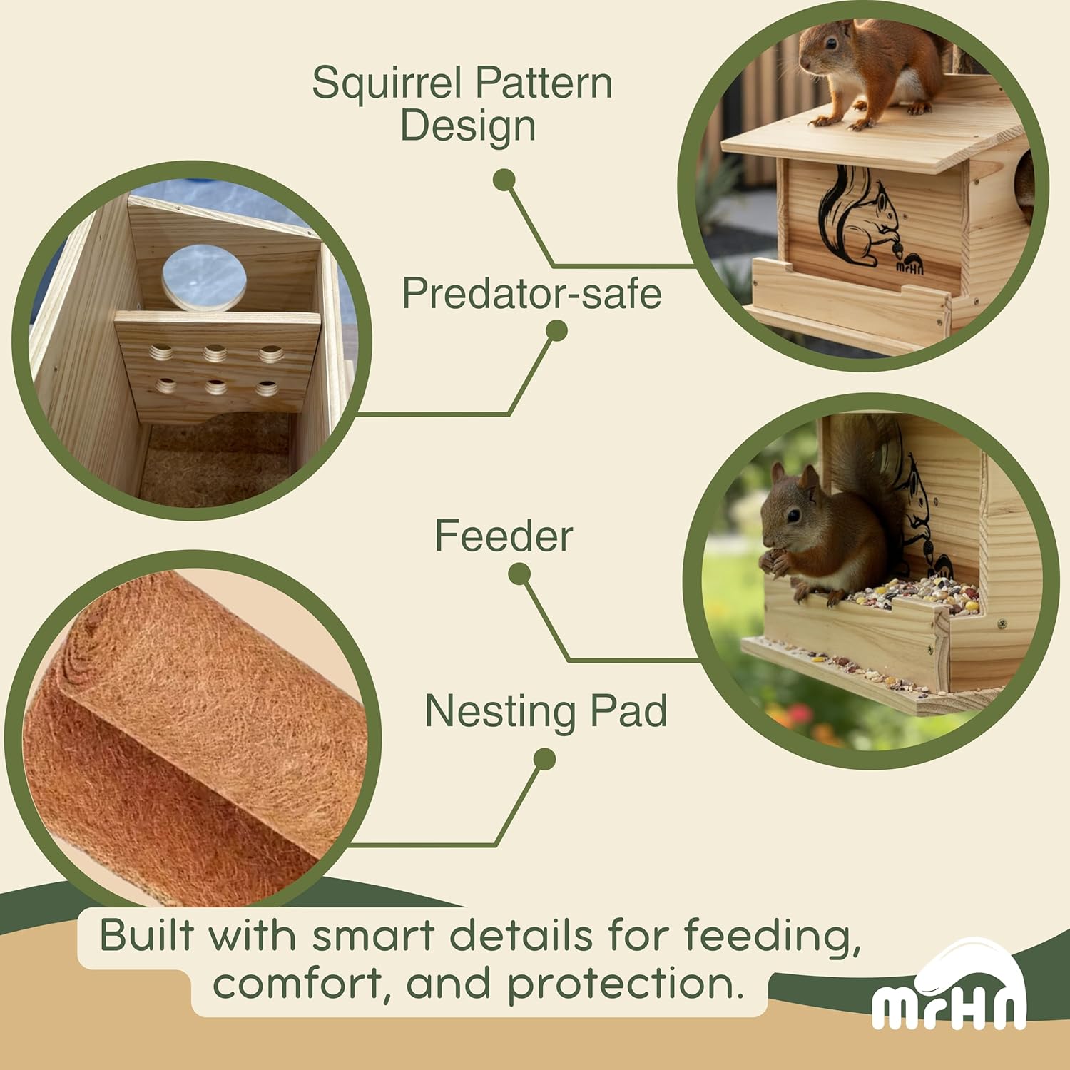 MrHN Front Feeder Squirrel House - Squirrel Houses for Outside Nesting, Squirrel Nesting Box, Squirrel Boxes for Outside, Chipmunk Houses MrHN Front Feeder