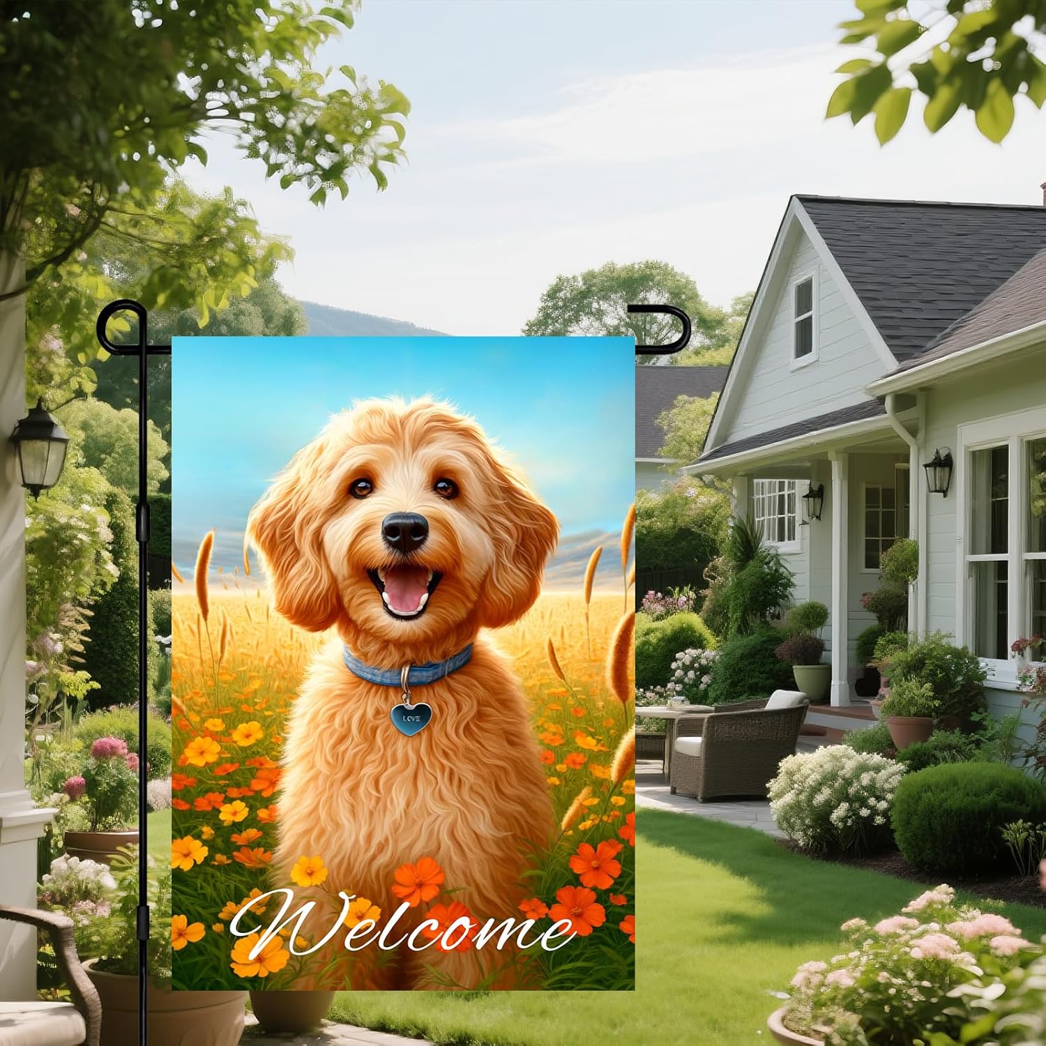 IVN Spring Summer Welcome Dog Garden Flag 12x18 Inch Double Sided Golden Dog Garden Flags For Outside Cute Puppy Floral Field Yard Flag Lawn Porch Patio Outdoor Decor - Image 5