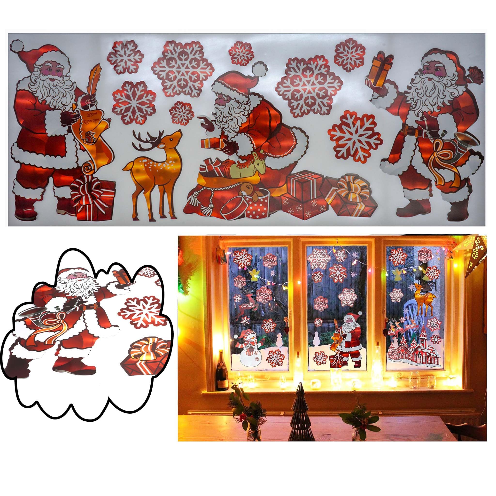 HOVUK® Christmas Stickers Red Holographic Sheet Self-Adhesive Christmas Wall Decals Removable, Santa Reindeer Snowflakes Window Clings for Xmas Party Supplies