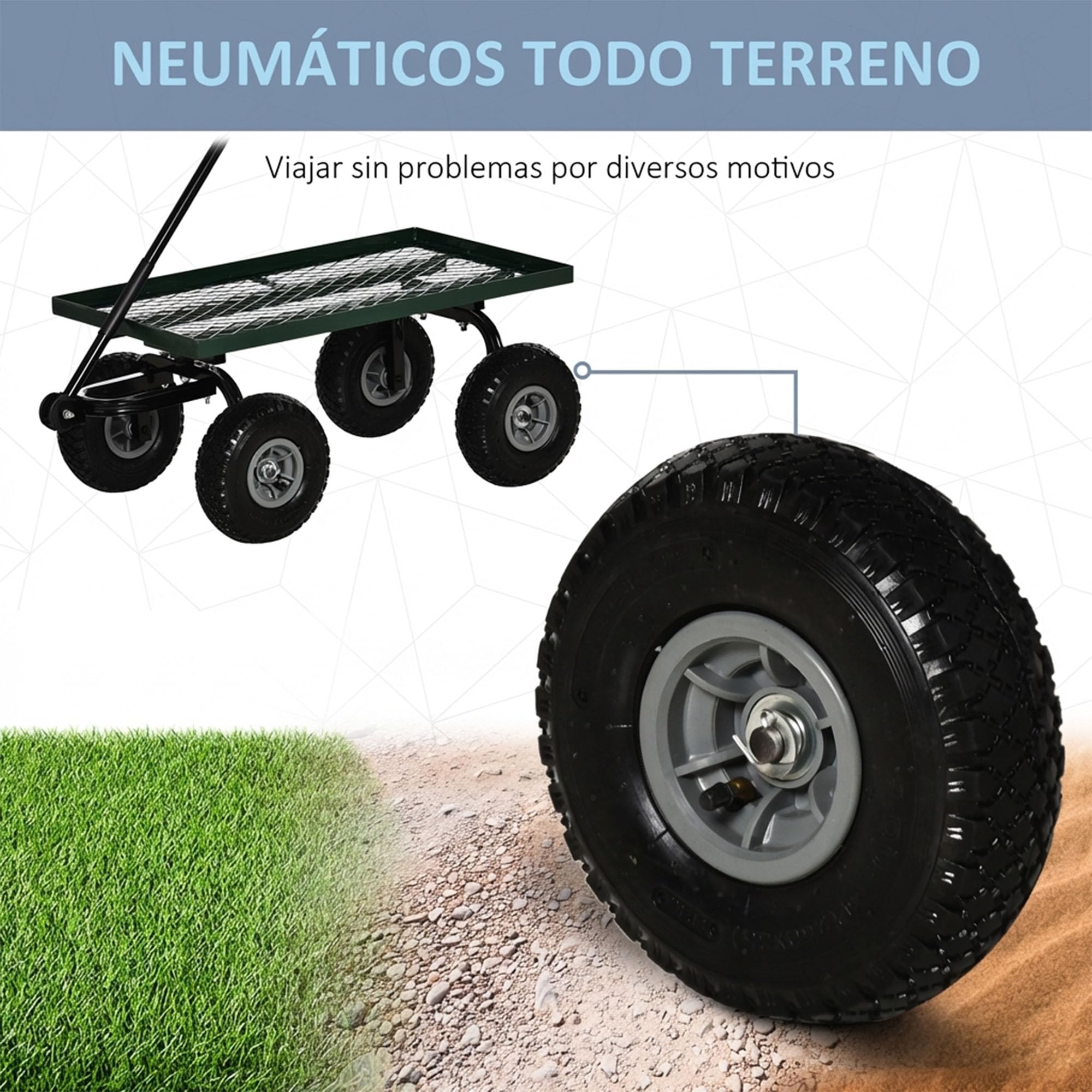 Outsunny Carro de Jardín con Grandes Ruedas Carretilla de Mano con Mango Ergonómico y Estructura de Acero para Transporte de Camping Exterior, Capacidad 150 kg, Negro y Verde