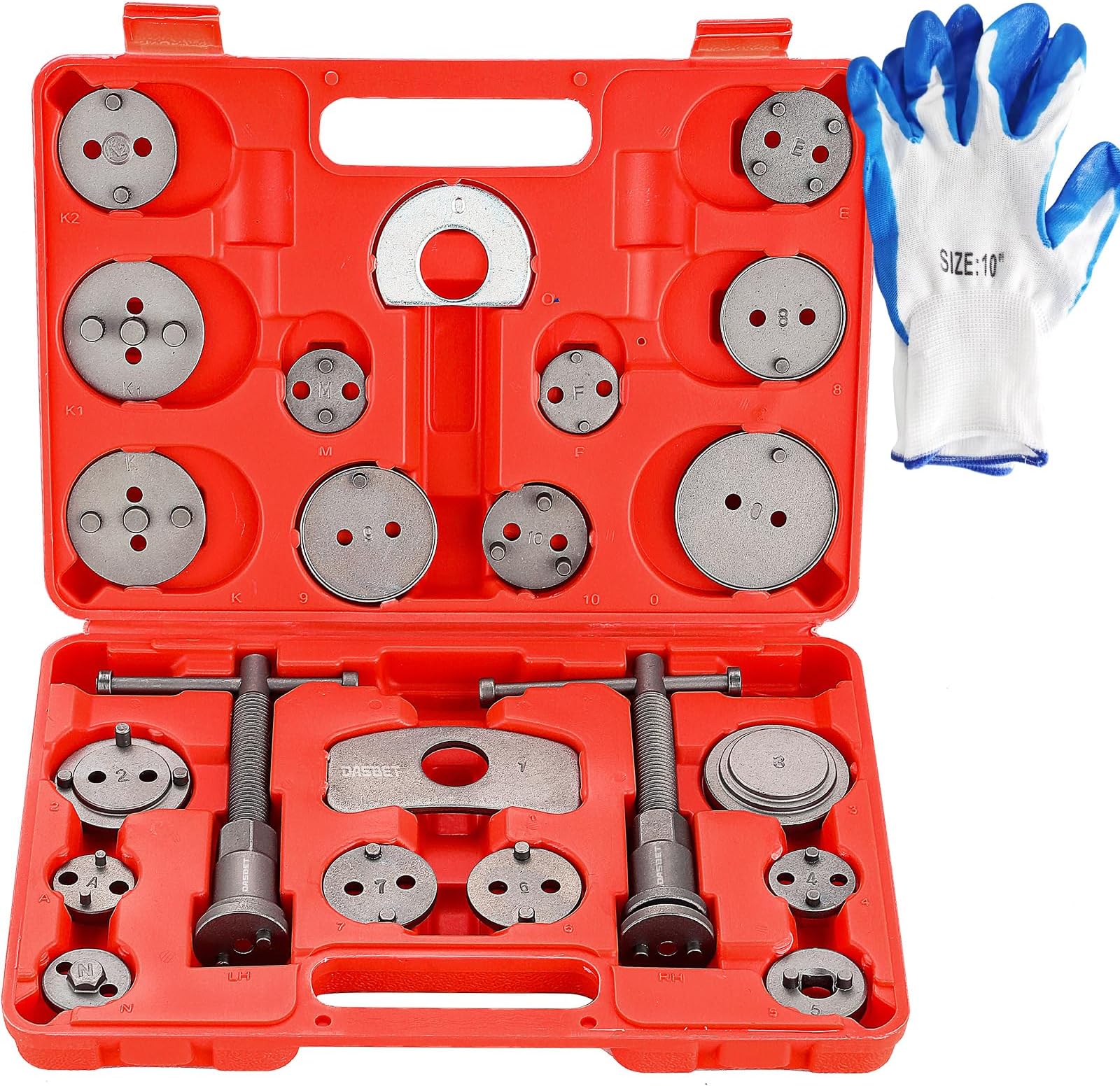 DASBET 24PCS Heavy Duty Disc Brake Caliper Tool Set and Wind Back Kit for Brake Pad Replacement Front & Rear Brake Piston Rewind Tool with Storage Case & One Pair of Glove(Red)