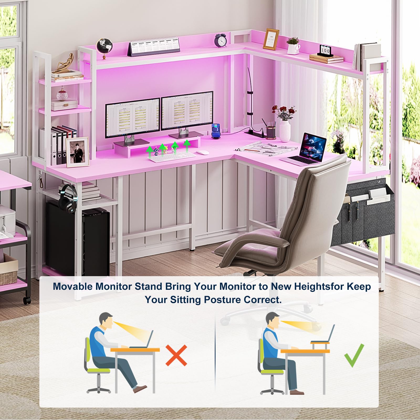 Aheaplus L Shaped Desk with Power Outlet, L Shaped Gaming Desk with Led Light & Hutch, Reversible Home Office Desk, Corner Computer Desk Writing Desk with Monitor Stand & Storage Shelves,: Pink