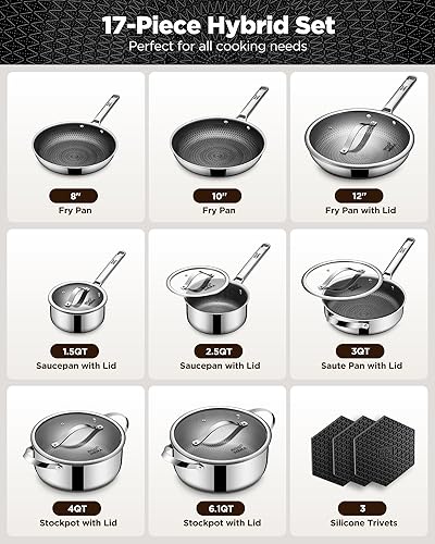 Miniatura 2 de Juego de ollas y sartenes de acero inoxidable híbrido, 17 piezas antiadherentes de tres capas con sartén, apto para lavavajillas y horno, sin PFOA,