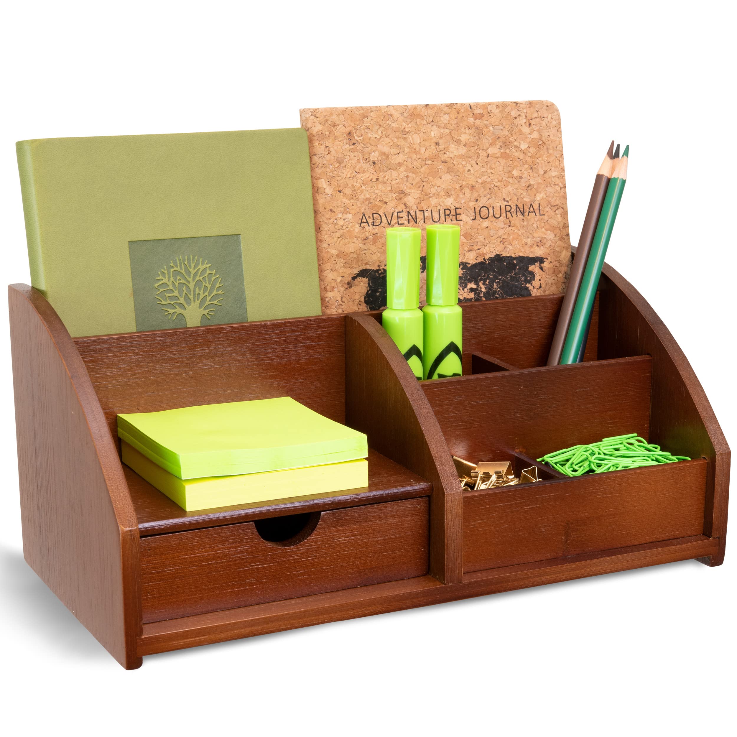 Brown Medium Bamboo Caddy Desk Organizer and Storage with Drawer and Compartments for all your Office and Home needs
