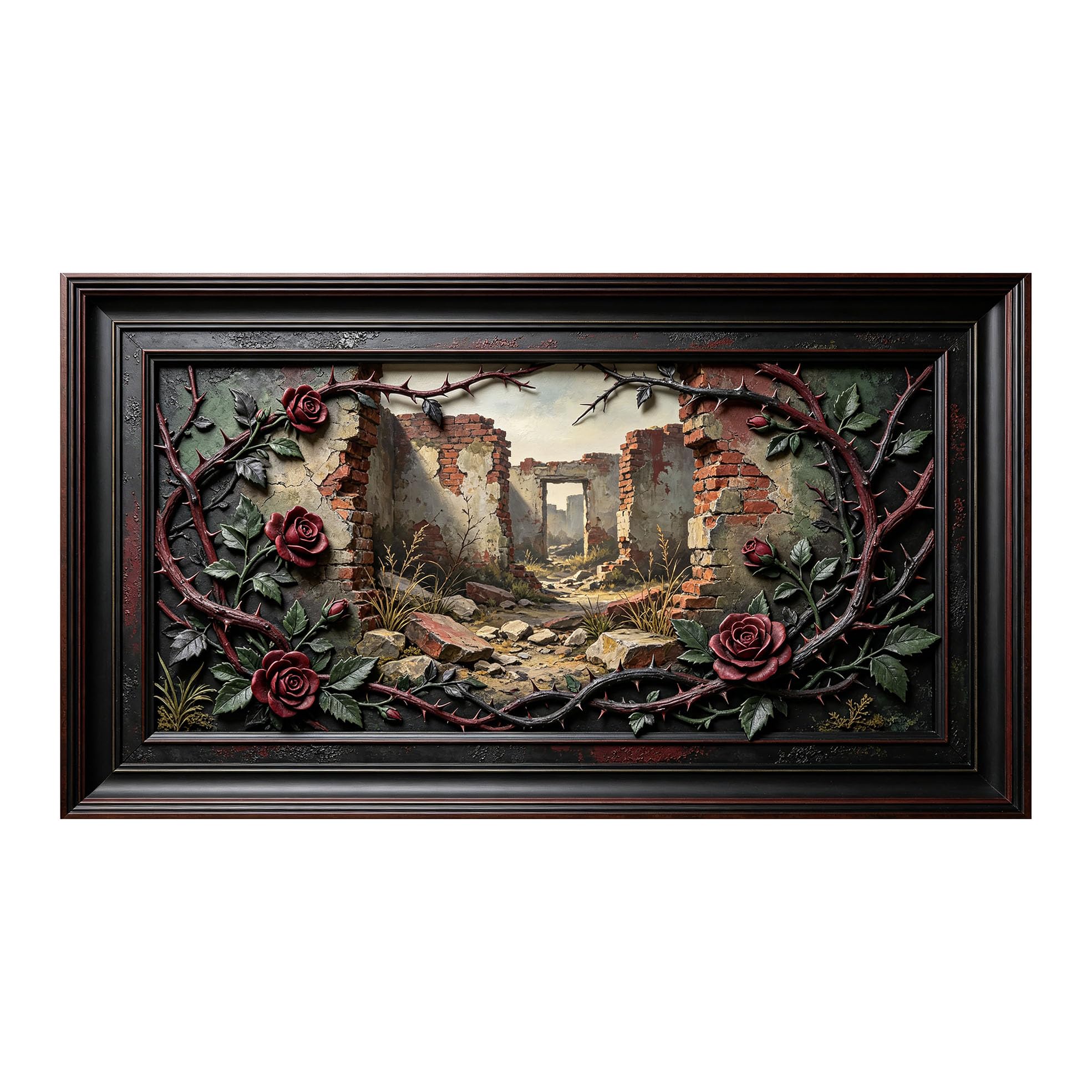 Murasolite 3D Framed Wall Art Ruined Brick Architecture with Red Roses Baroque Oil Painting SelfAdhesive Fabric Mural Wall Decor,No Damage to Wall,AntiFall Safe Design for Bedroom Living Room