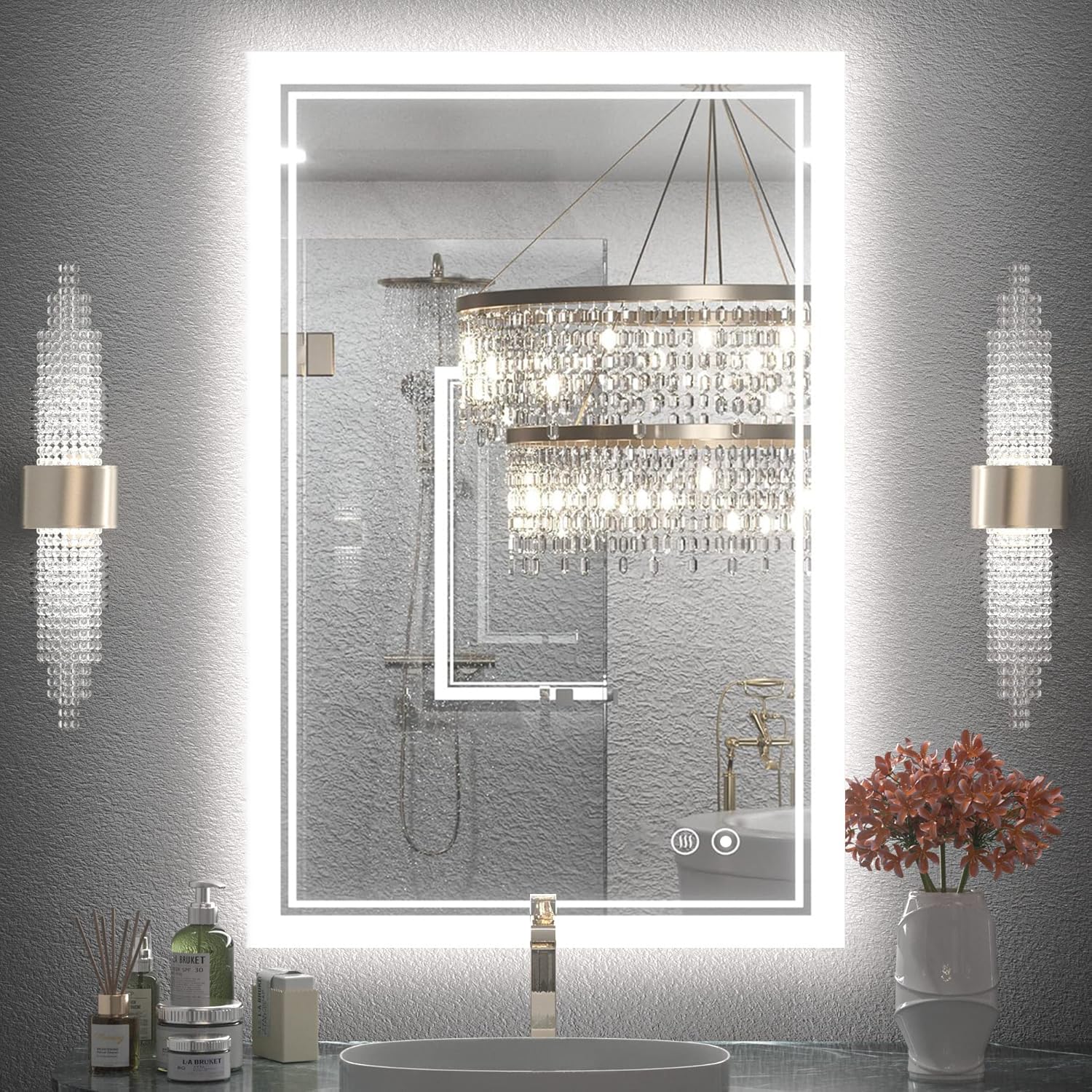 Specchio Bagno con Luce - 80 x 60 CM Specchio Bagno LED Antifog, Specchi da parete Dimmerabile 3 Colori, Specchio Intelligente Infrangibile, Funzione di Memoria (Orizzontale/Verticale)