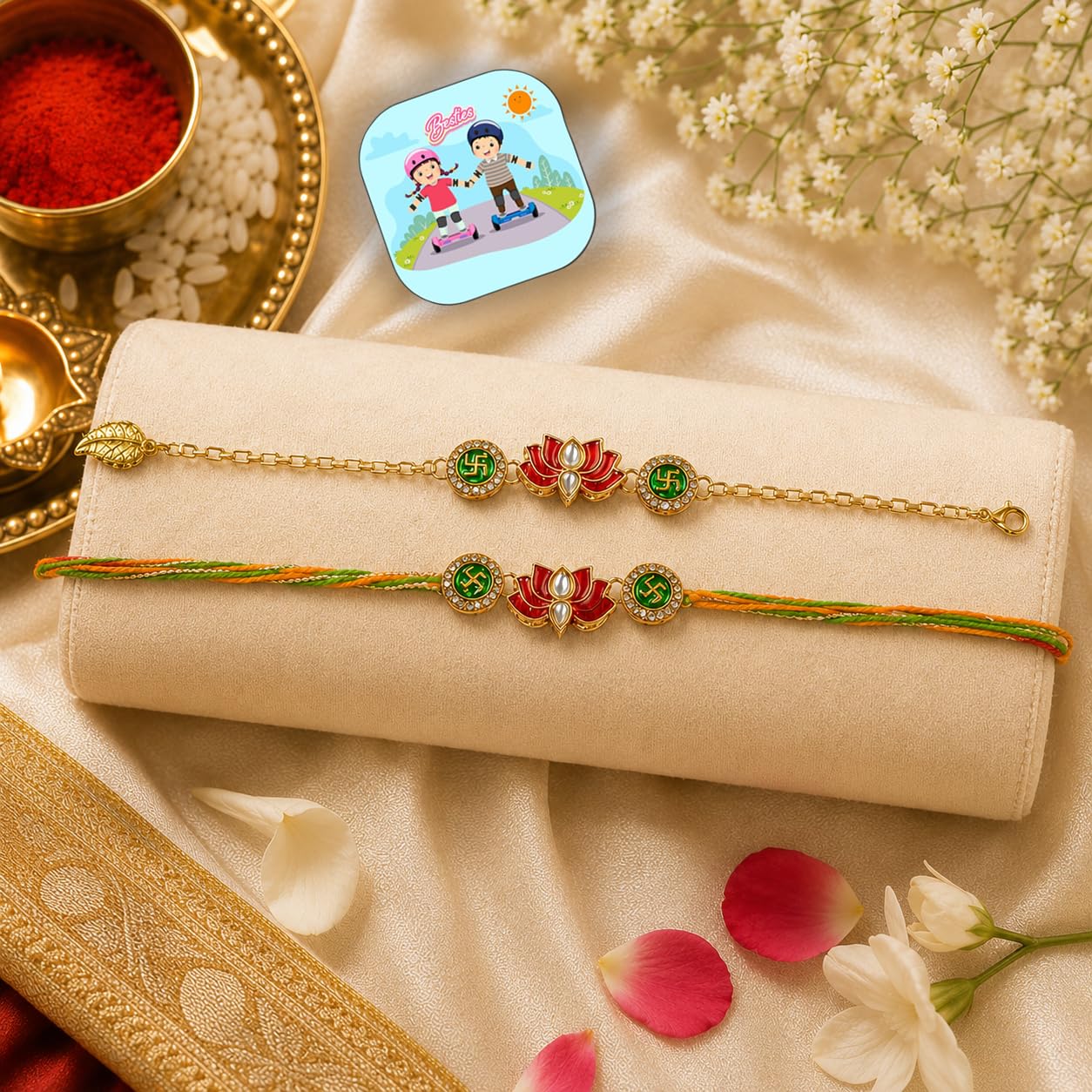 CraftVatika Rakhi Gift Combo Set for Brother and Bhabhi, Premium Designer Lotus Rakhis for Rakshabandhan, Stylish Lumba Rakhi for Bhabhi, Raki with Best Wishes Card and Tillak Set for Him-picture-35