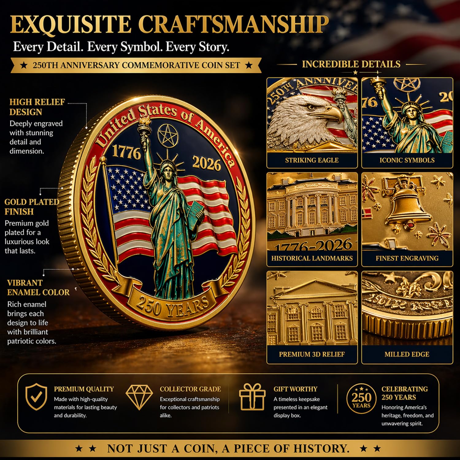 Juego de monedas de 250 aniversario de Estados Unidos (1776-2026) – 4 monedas de desafío patriótico con caja de madera y tarjeta, coleccionable conmemorativo del 250 de Estados Unidos, regalo de