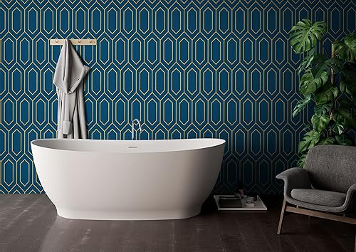 Miniatura 2 de Safiyya Papel tapiz dorado y azul, papel de contacto geométrico, impermeable, autoadhesivo, extraíble, para paredes, rollo de vinilo de 196 x 17.3