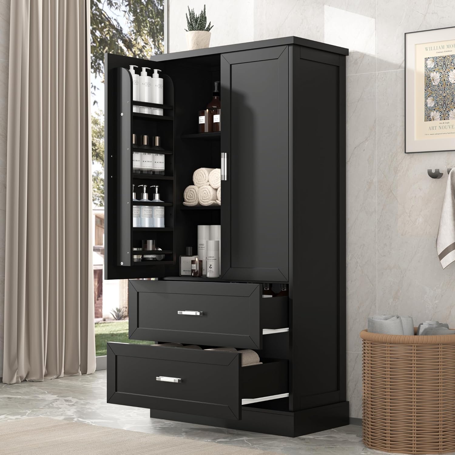 LOPOO Tall Bathroom Storage 2 Doors & Drawers