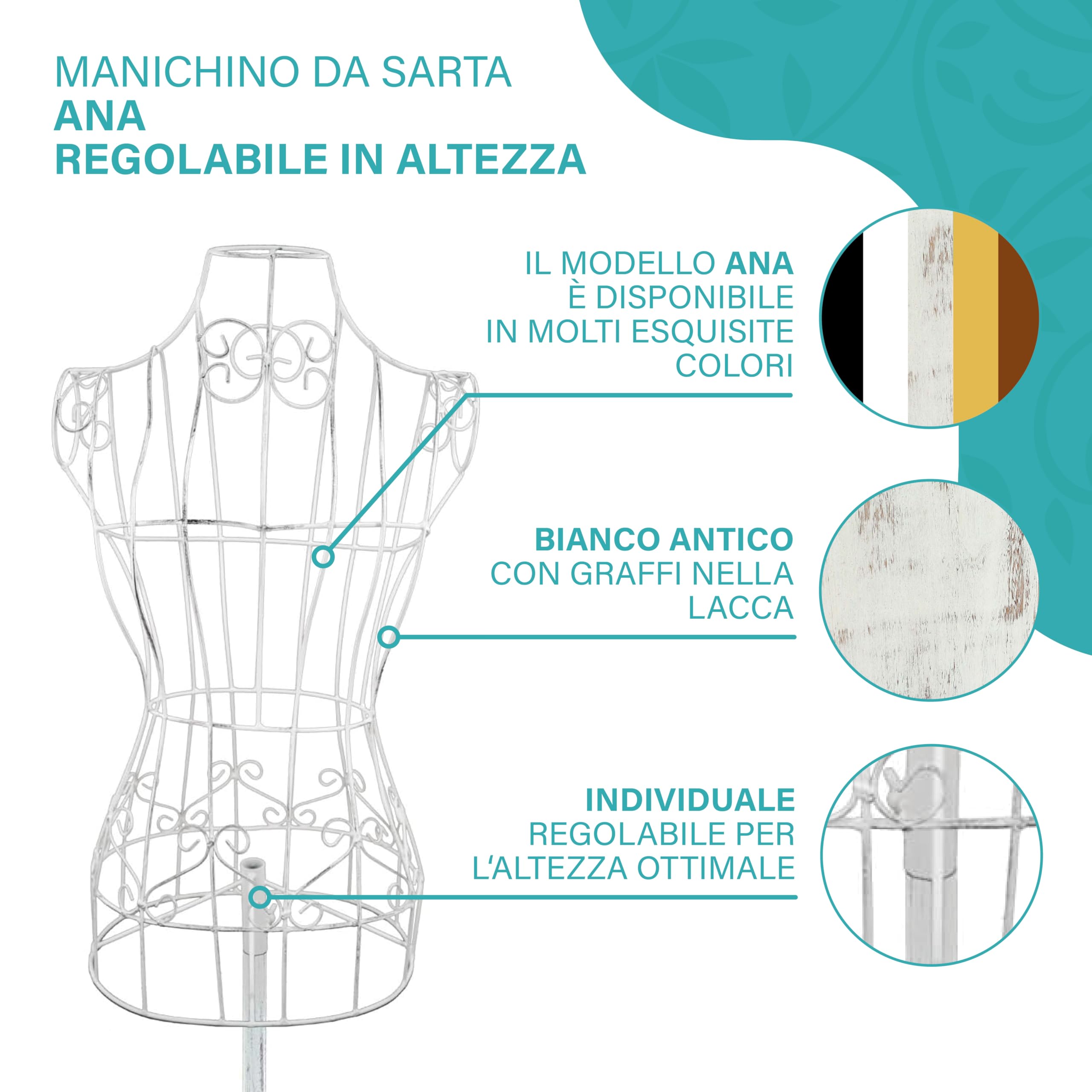 PrimoLiving - Manichino da sartoria in metallo, regolabile in altezza, colore bianco anticato, modello P-12888