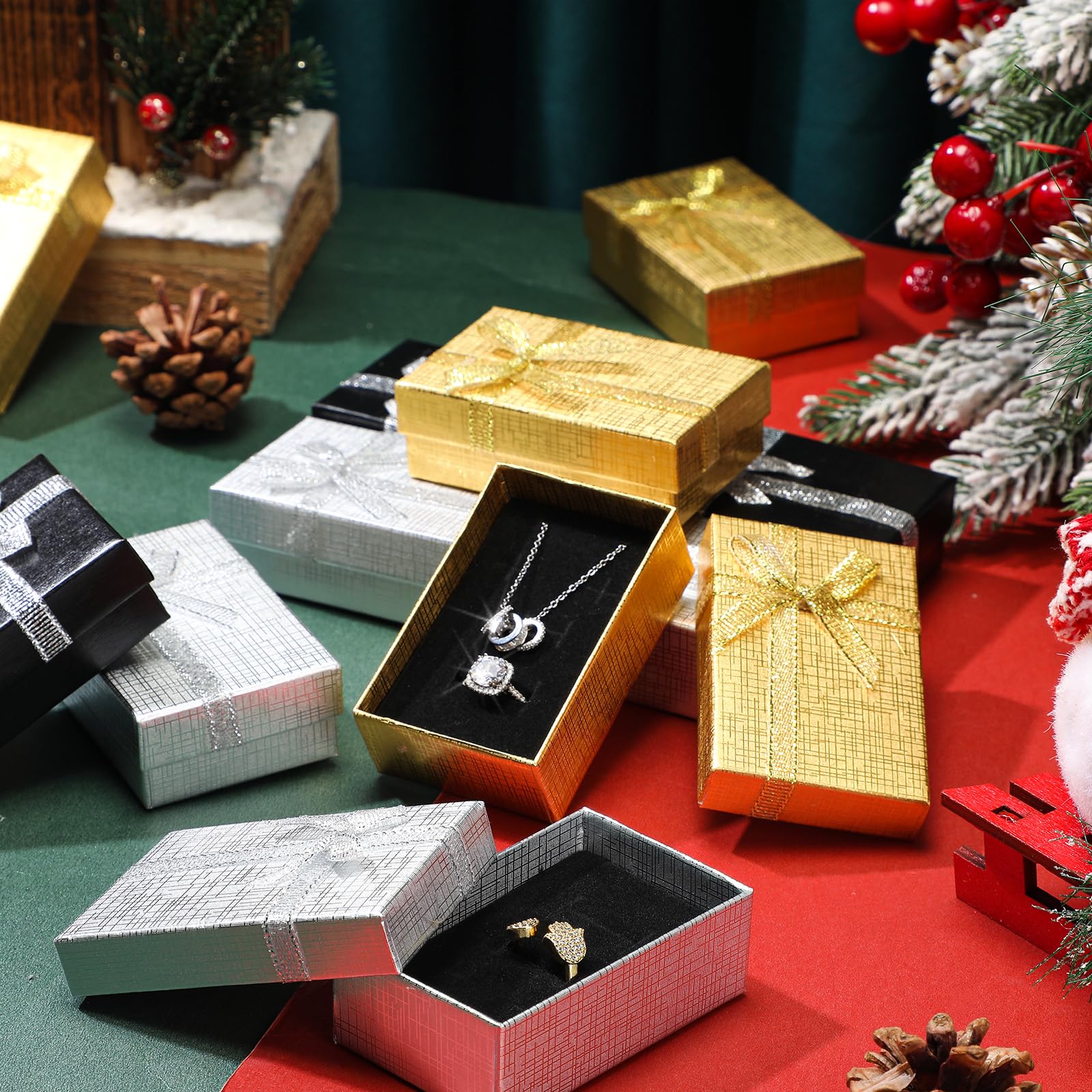 Resurhang 120 Stück Weihnachts-Geschenkboxen für Ringe, Schmuck-Geschenkboxen, Ohrring-Box, Geschenk mit Deckel, Schleife, für Weihnachten, Jubiläen, Geschenke, 5,1 x 7,9 x 2,8 cm, 3 Farben
