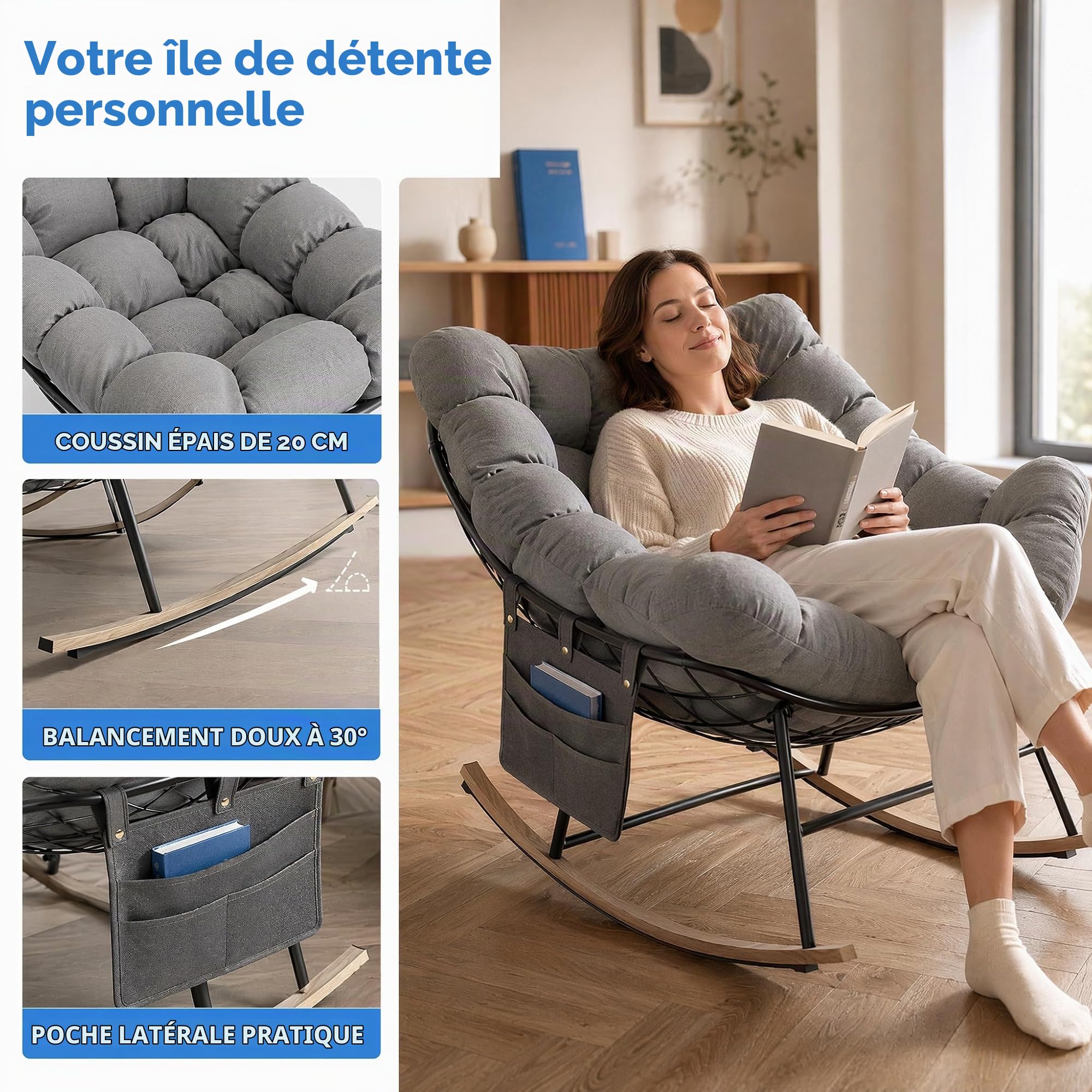 Fauteuil a Bascule Grand Extérieur avec Poche Latérale pour Salon, Jardin