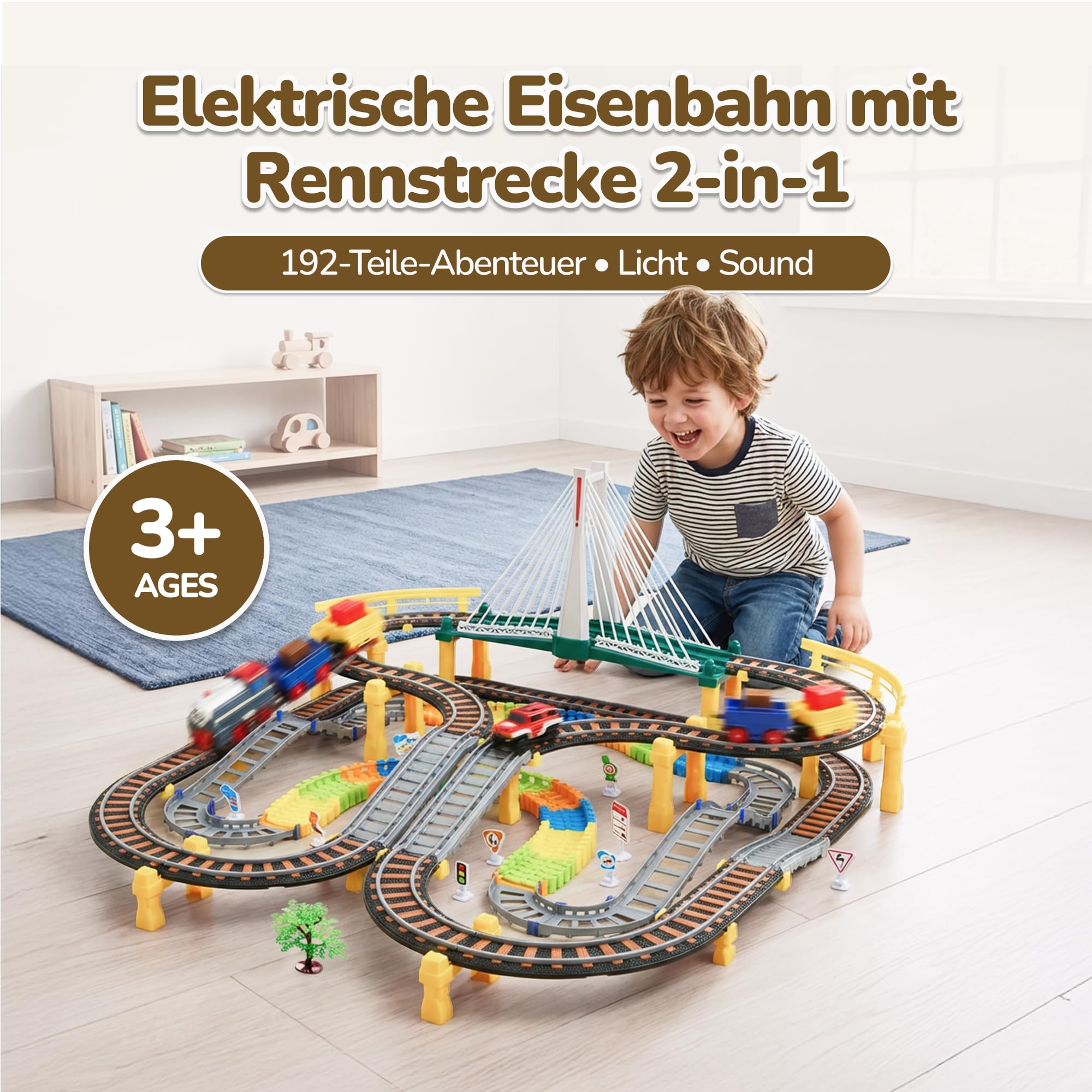 Elektrische Eisenbahn für Kinder – 192-teiliges Zug-Set mit Schienen, Licht & Sound – ab 3 Jahren, batteriebetrieben, inkl. Auto