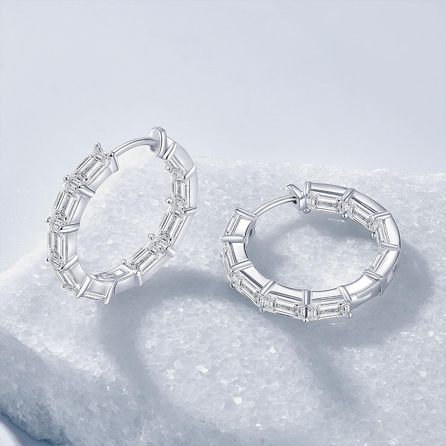 Moissanite Hoop Earrings, 9.0cttw D Color 3x5mm Emerald Cut Moissanite 925 Sterling Silver Round Earrings for Women Mom Wife Wedding Birthday Jewerly Gifts