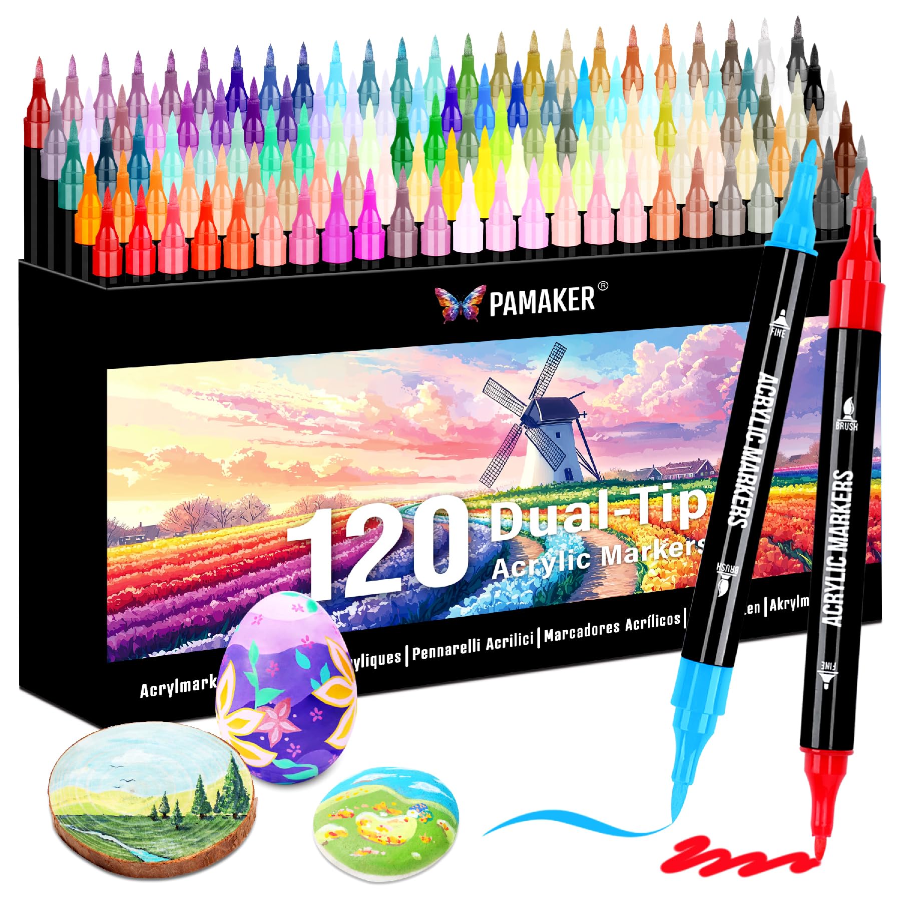 Pamaker 120 Pieces Acrylic Marker Pens with Fine Tip and Brush for Fabric Canvas, Glass, Wood and Paper