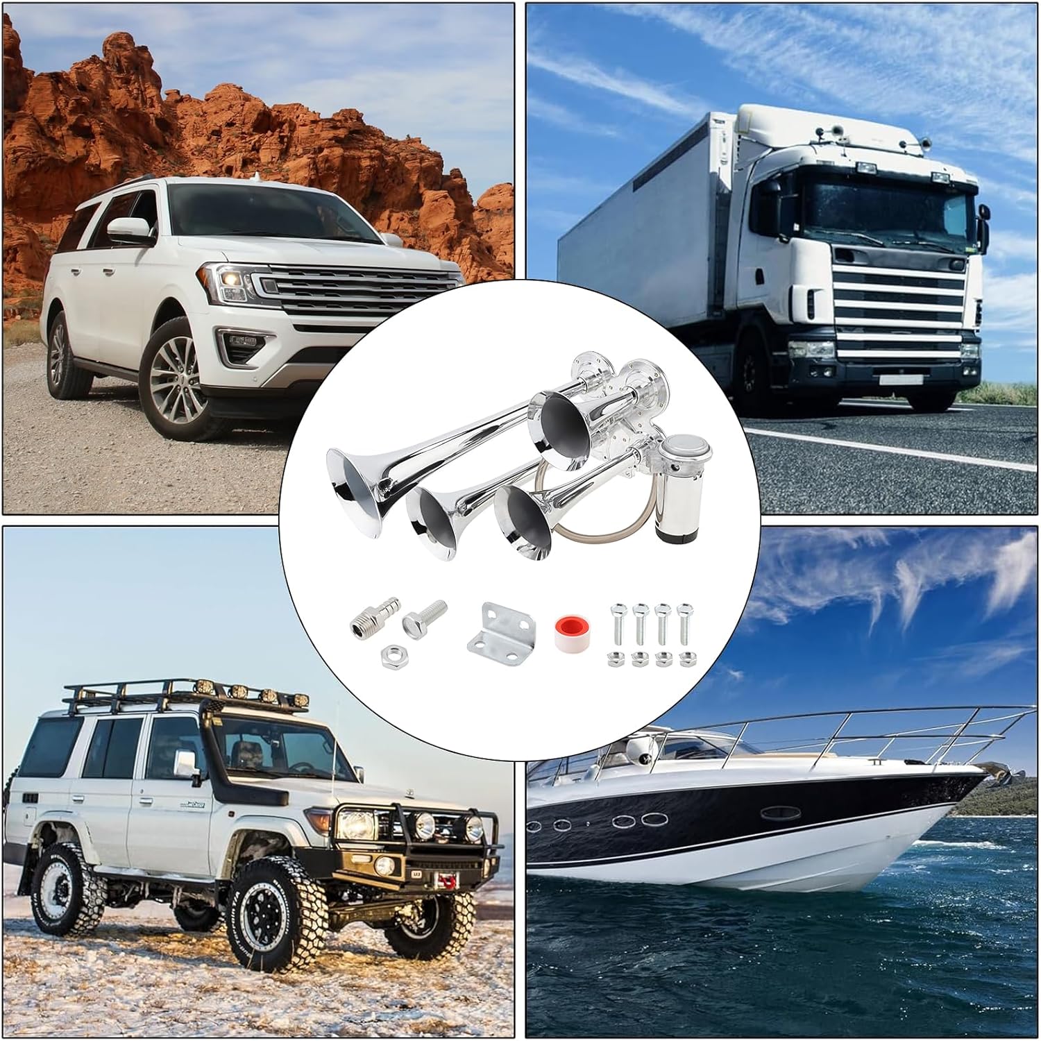 Train Horns Kit, 4 Trumpet Air Horn Kit, 12V 185db Super Loud Train Horns for Pickup Trucks, Four Trumpet Air Horn with Compressor for Vehicle Cars Trucks Pickup Trains Lorrys Boats