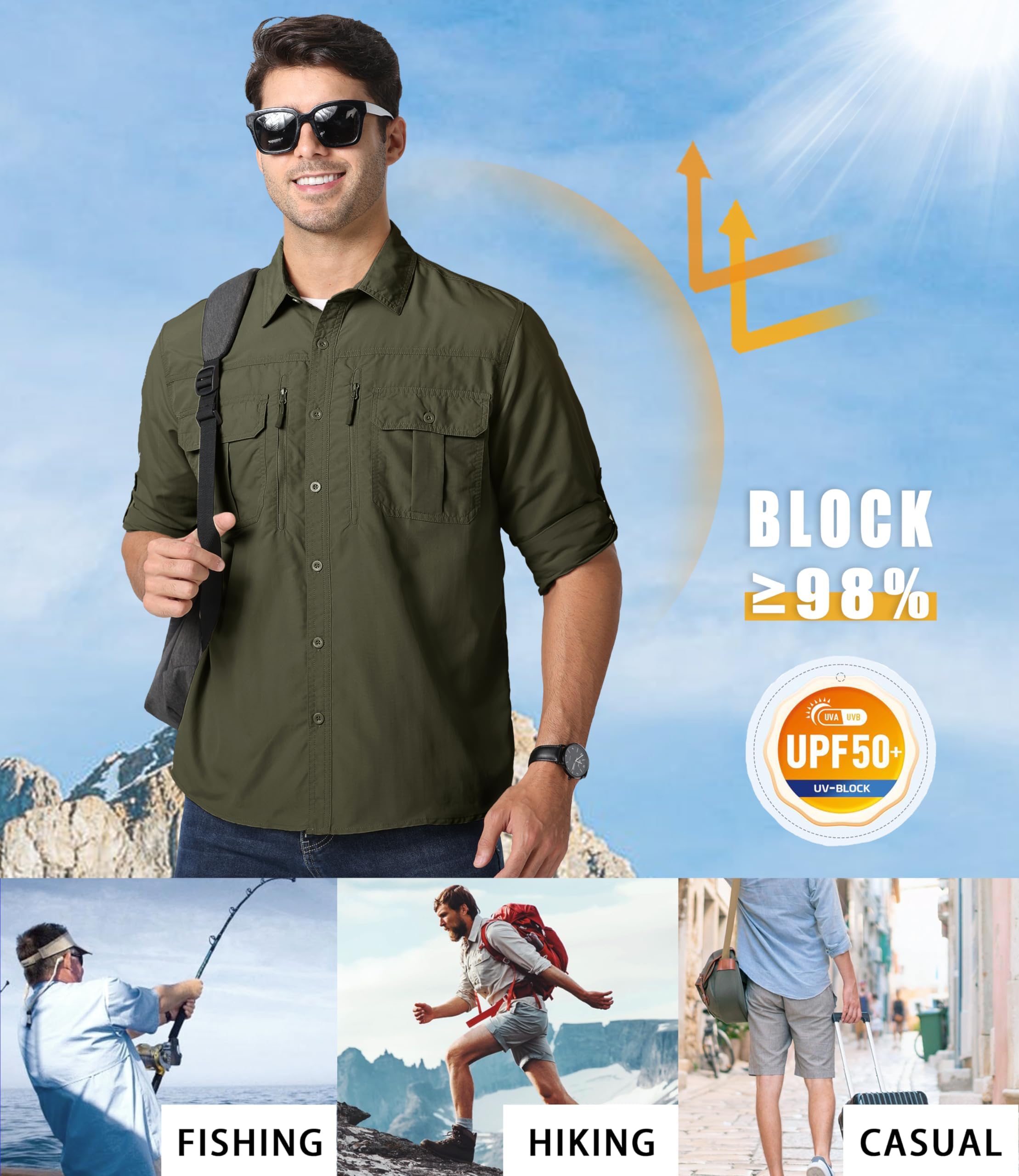 MAGCOMSEN Camisa de Manga Larga para Hombre, para el Tiempo Libre, de Secado rápido, Transpirable, protección Solar, para Senderismo, Pesca, con UPF 50+