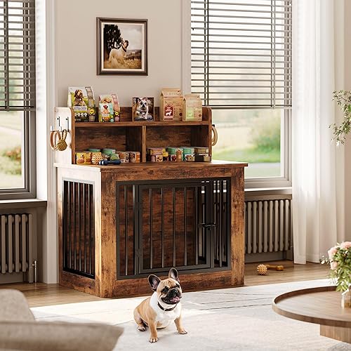 Vista 18 de IRONCK Mueble de jaula extragrande para perros, jaula de madera de 43.3 pulgadas con almacenamiento y 4 ganchos, jaula resistente para perros