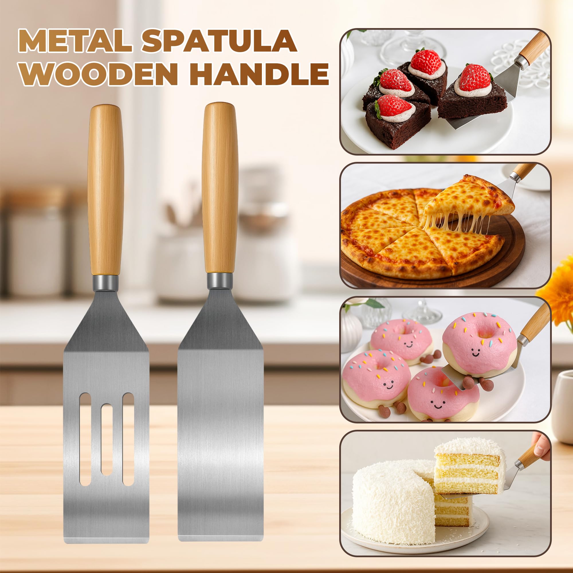 Juego de espátulas pequeñas de acero inoxidable de 2 piezas con asas de madera, ideal para voltear, cocinar y servir. Perfecto para brownies, tiramisú, galletas, lasaña y panqueques. 3