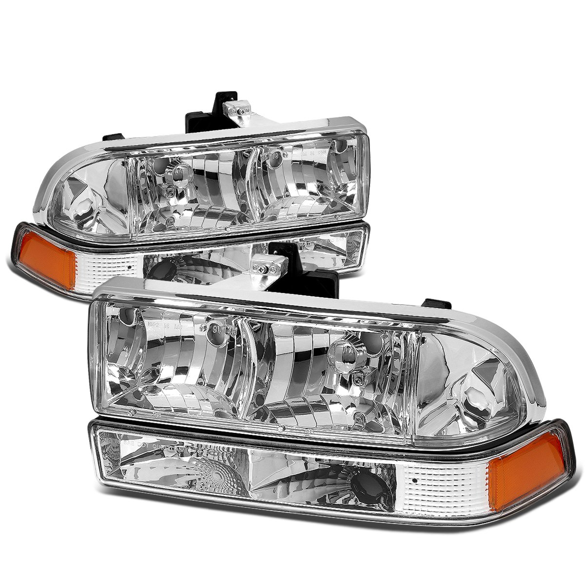 Auto Dynasty Headlights Assembly Compatible with 1998-2004 Chevy S10 Blazer, 4Pcs Driver and Passenger Side Halogen Headlamps Replacement w/Bumper Lamps, Chrome Housing Amber Corner