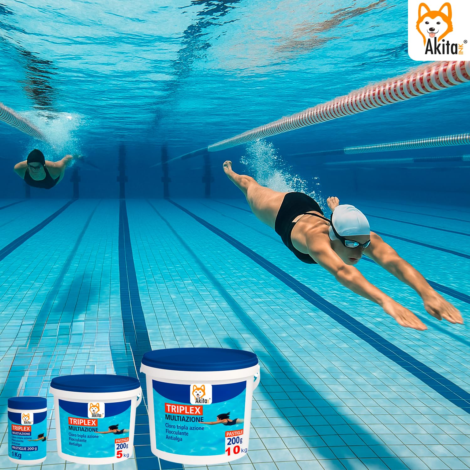 Akitaink Triplex Multiazione Pastiglie Cloro 3 in 1 per Piscina | Azione Lenta | Disinfettante, Antialghe e Flocculante | Secchio da 5 KG