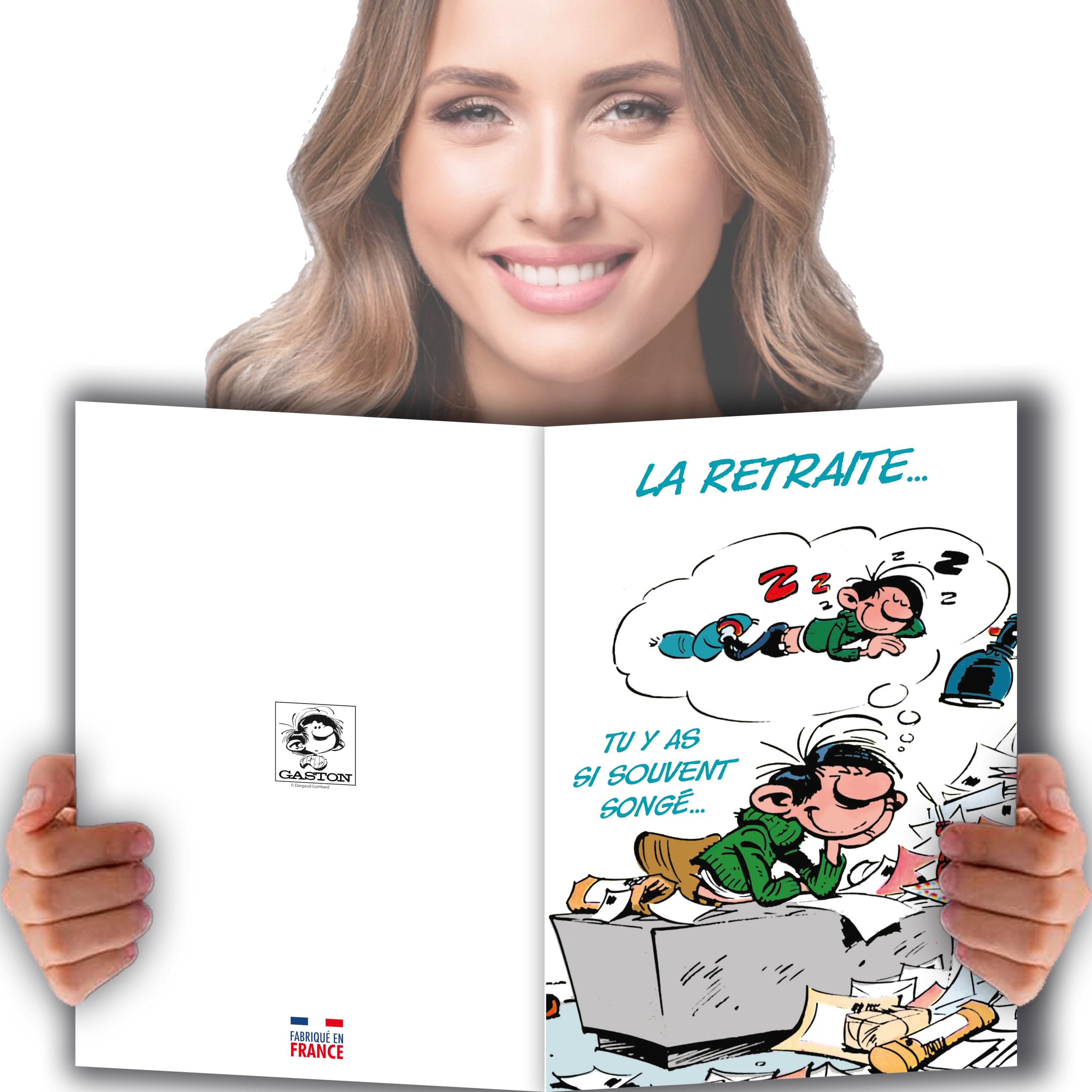 AFIE GLMX-2033 Gaston Lagaffe Maxi Large Card Leaving Retirement Enjoy Goodbye Potty Colleague Work Leaving Company Office Nap Beach Sea Couple Sign A4 Giant Illustrated + Envelope