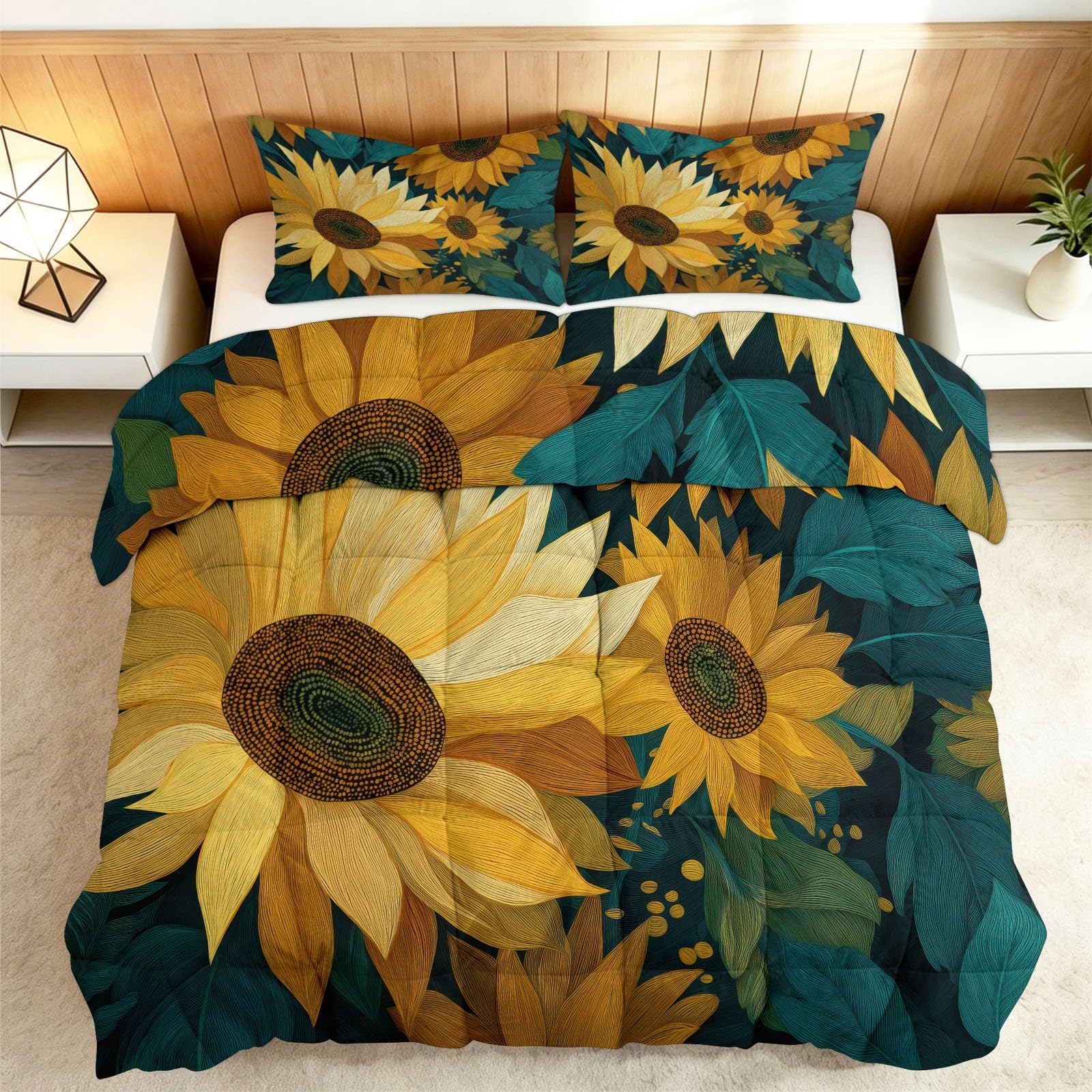 Set copripiumino trapuntato king size con semi di girasole, 7,5 Tog, reversibile, stile rustico, per tutte le stagioni, leggero, lavabile in lavatrice, 230 x 220 cm
