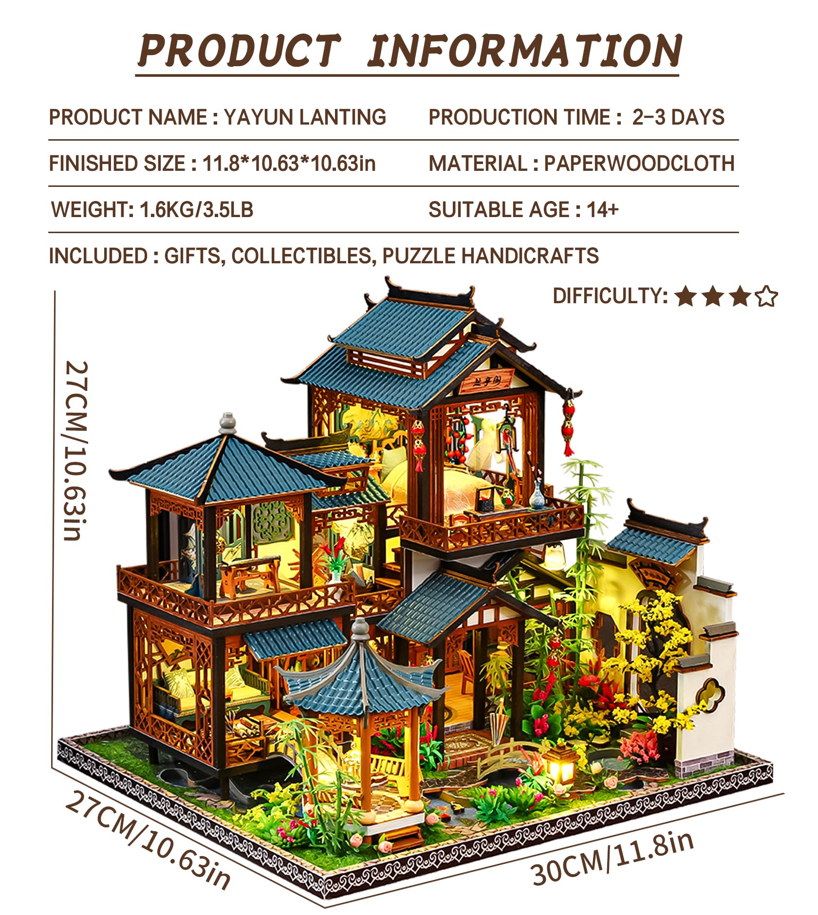 Spilay Miniatur Haus, Chinesisches Gartenhaus Puppenhaus Holz | DIY Miniature House mit LED-Licht, Staubschutz und Musikbox, 3D Puzzle Erwachsene, Miniatur Bausatz, Regal Deko Geschenk