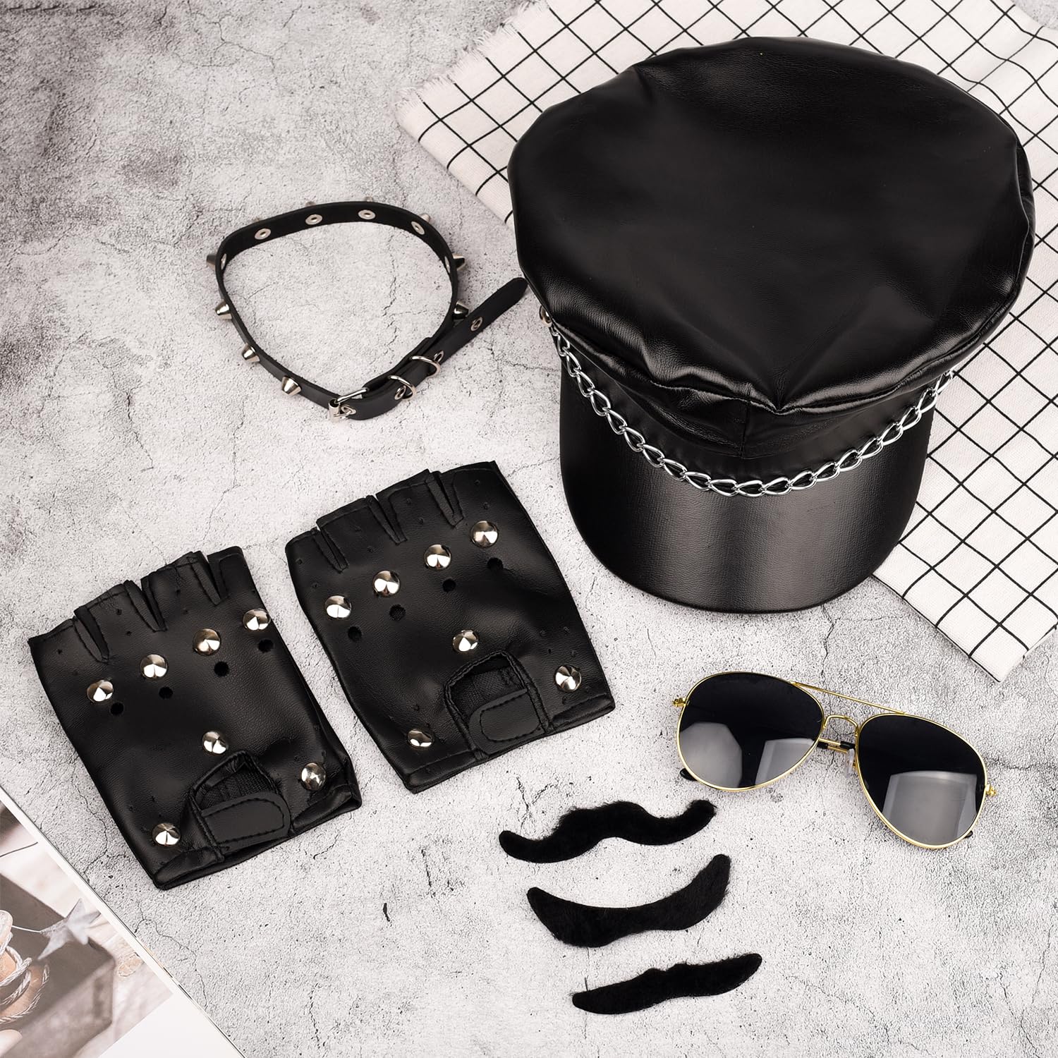 Bohue 7 Pieces Biker Costume Set Biker Hat with Chain Gothic Necklace Choker Sunglasses Punk Biker Gloves Fake Mustaches 1980s Gangster Biker Costume Accessories for Cosplay Masquerade - Image 4